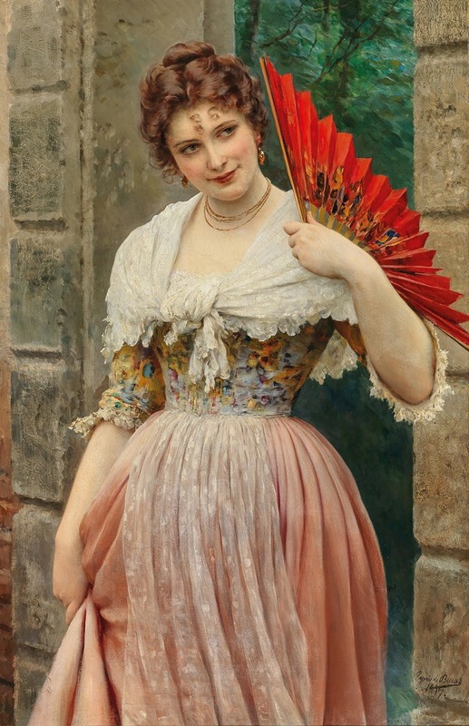 A Young Lady with a Red Fan is a portrait by Eugen von Blaas featuring a young woman holding a fan.