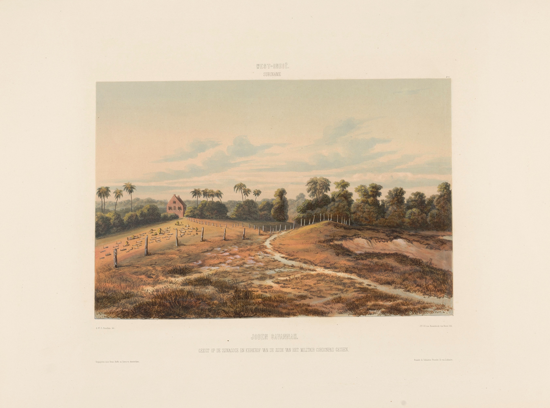 Landscape oil painting by Gerard Voorduin depicting a synagogue and cemetery surrounded by greenery.