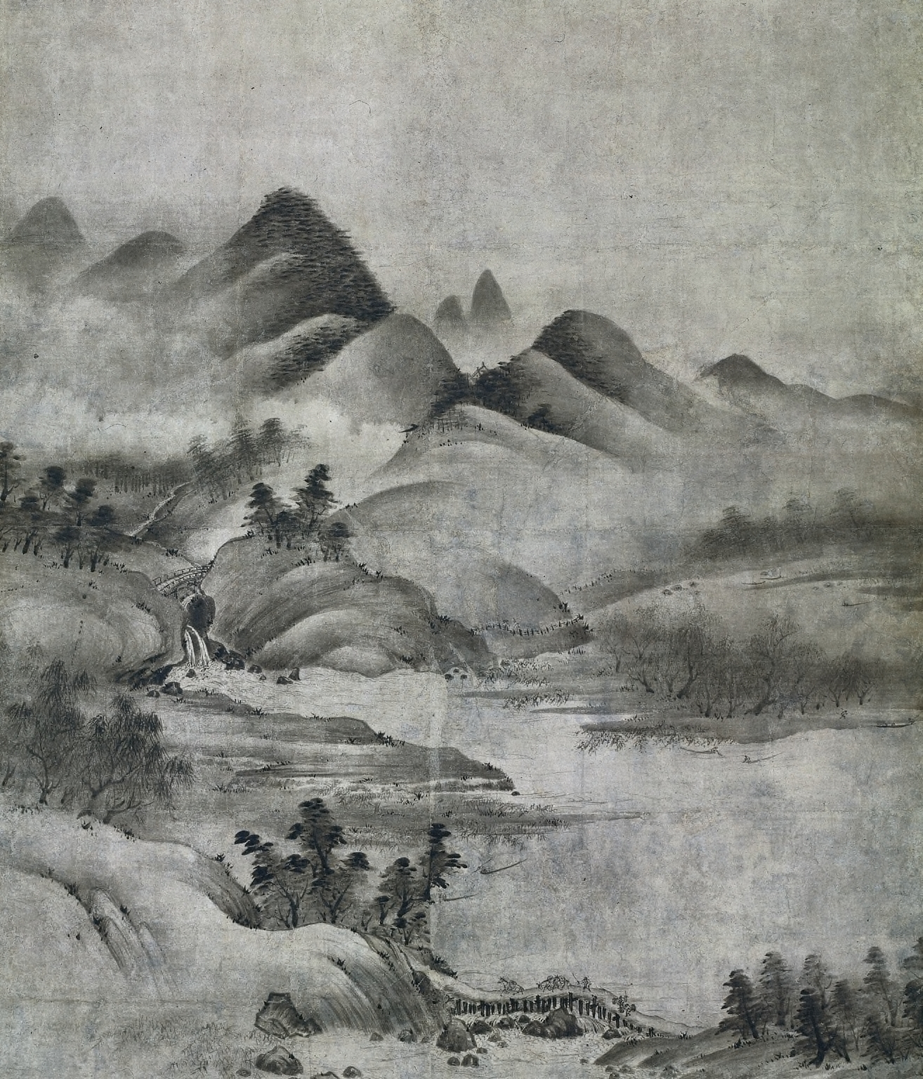 Landscape by Sōami, depicting mountains and a river in earthy tones, Ukiyo-e medium.