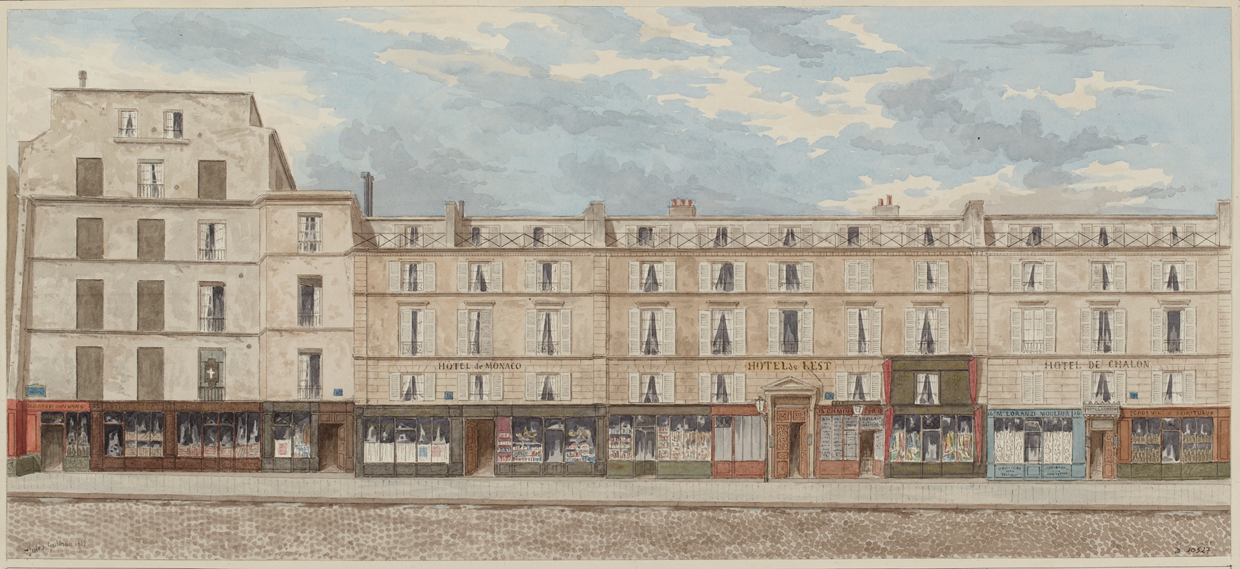 oil painting by Jules Gaildrau depicting a Parisian street with warm light and wet cobblestones