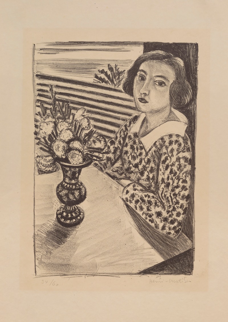 Henri Matisse's painting features a young girl seated with a bouquet of flowers.