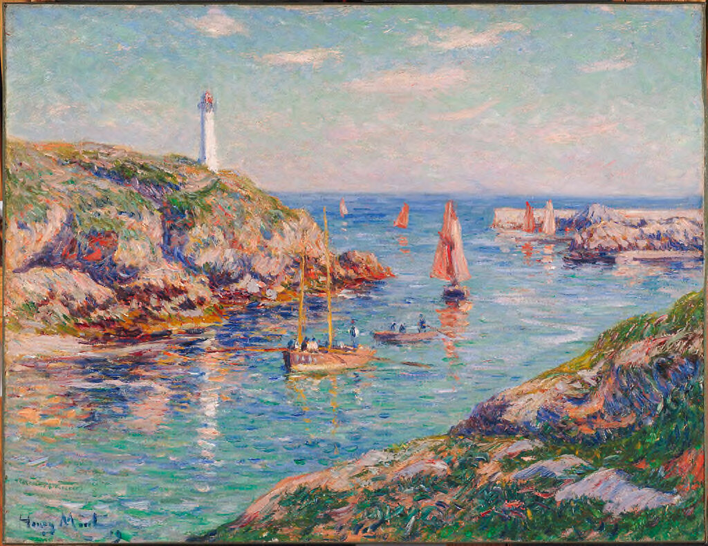 Oil painting by Henry Moret depicting a vibrant harbor scene with boats and swirling water.