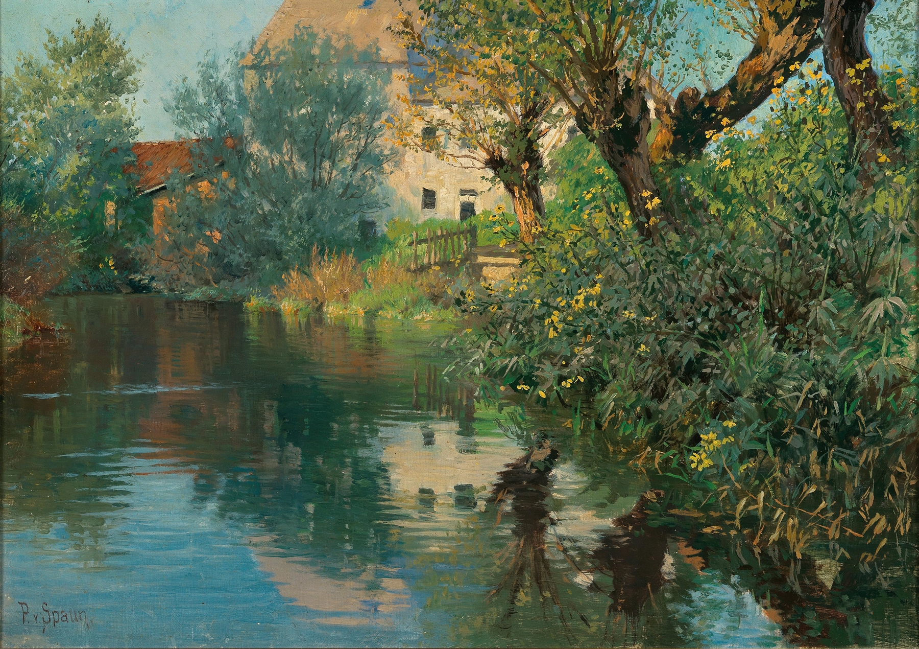 A Creek in Spring by Paul Von Spaun, oil on canvas depicting a serene creek surrounded by lush greenery.