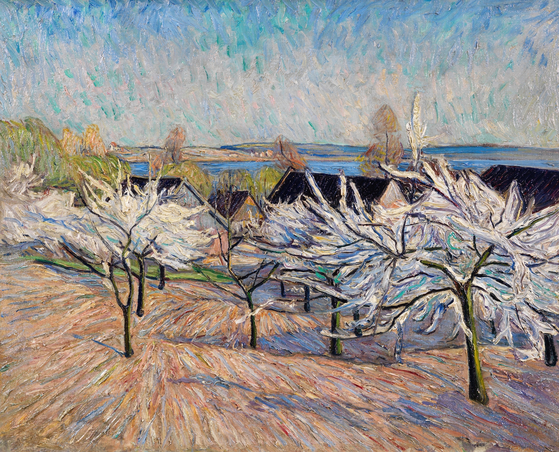 Oil on canvas by Theo Von Brockhusen depicting blooming trees in spring.