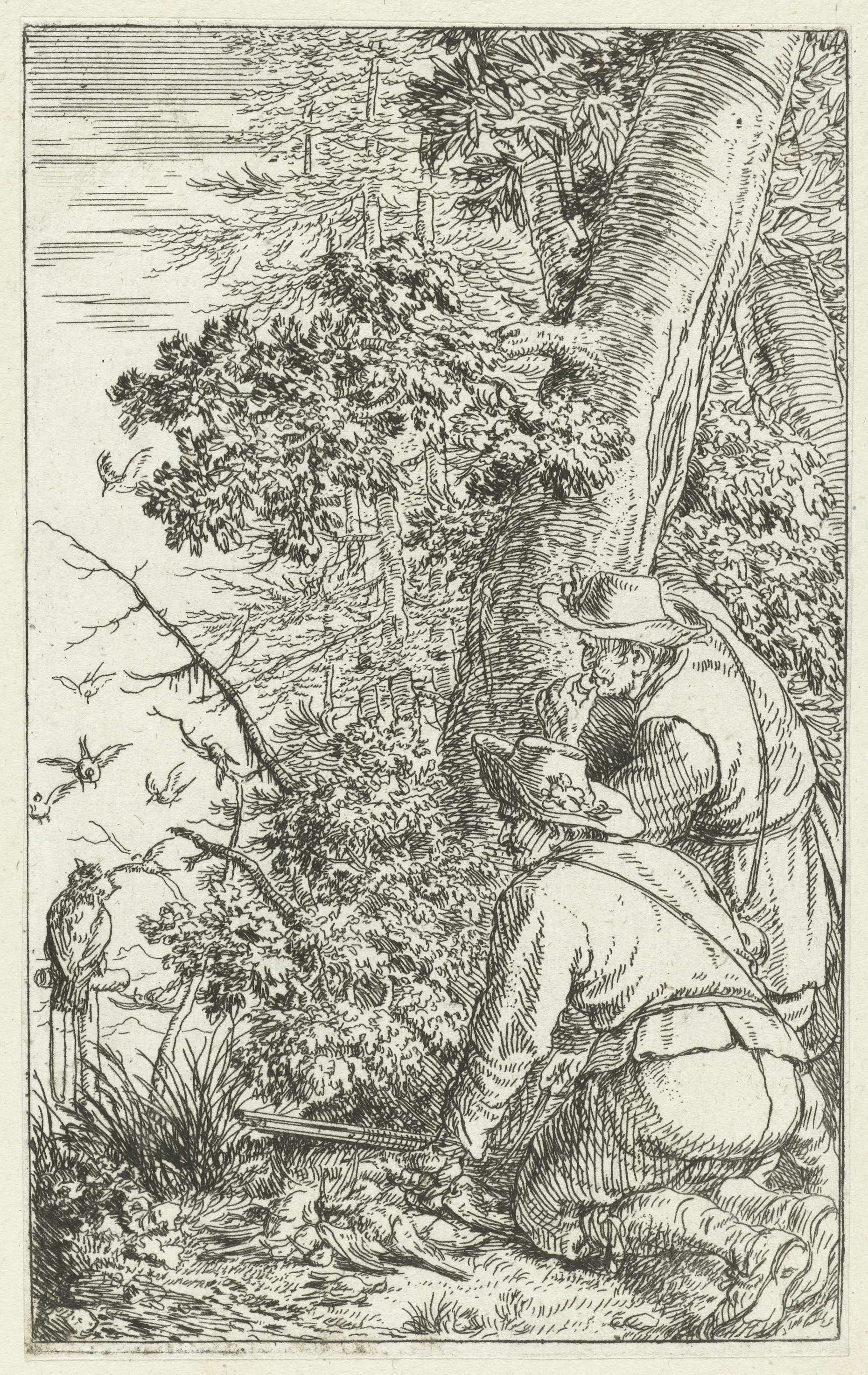 Etching by Jonas Umbach depicting hunters with an owl in a forest