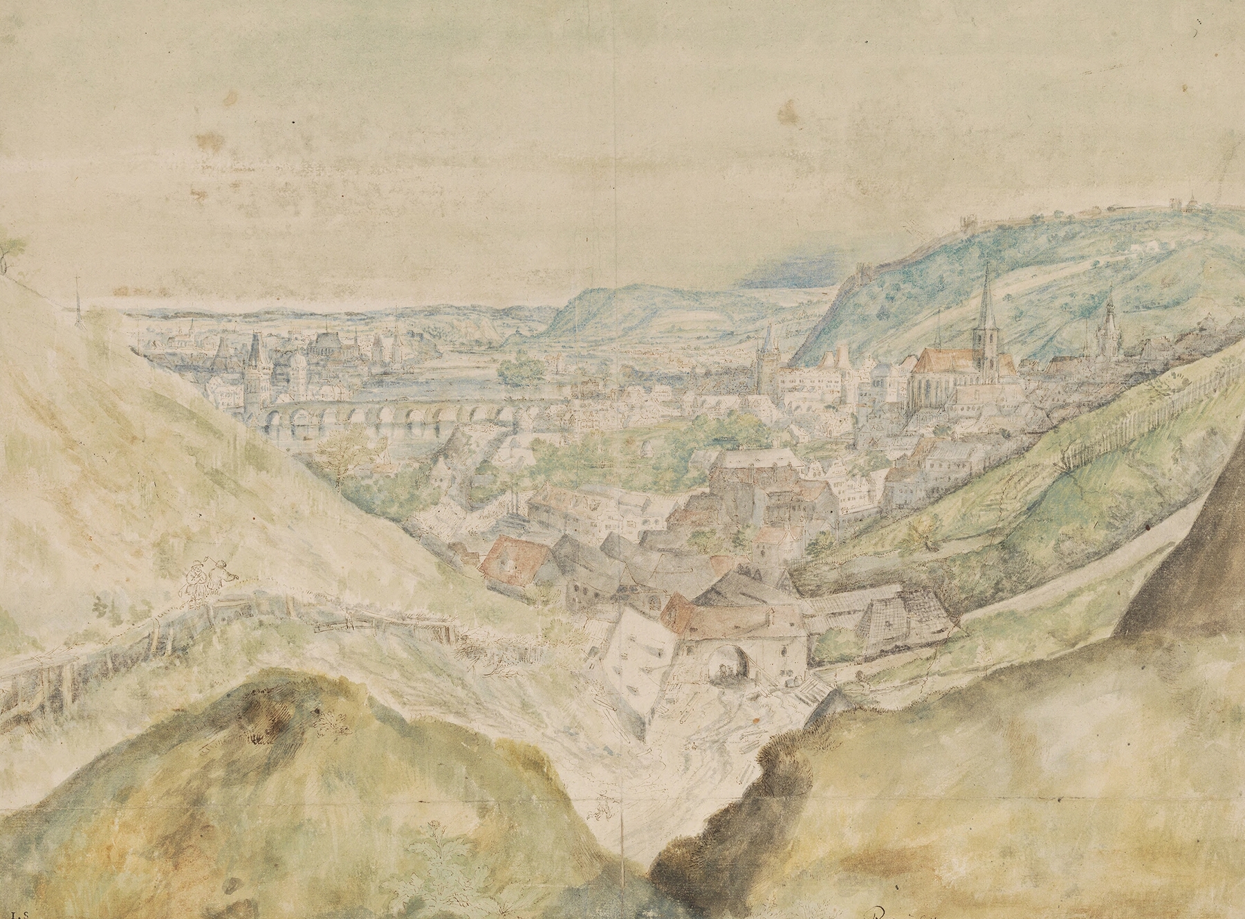 Prospekt af byen Prag by Roelant Savery, oil on panel depicting a vibrant city landscape.
