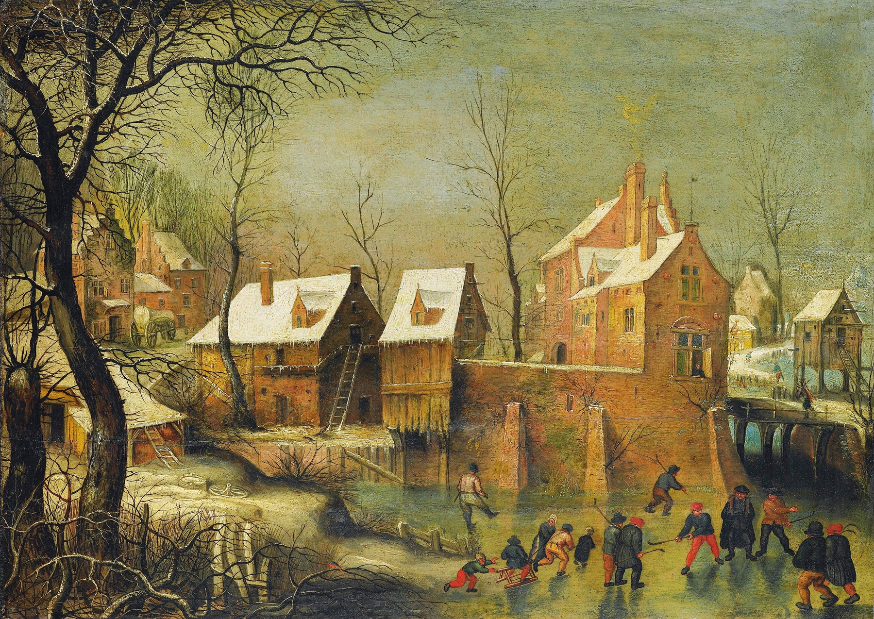 Townscape with skaters on a frozen river, oil on panel by Jacob Grimmer