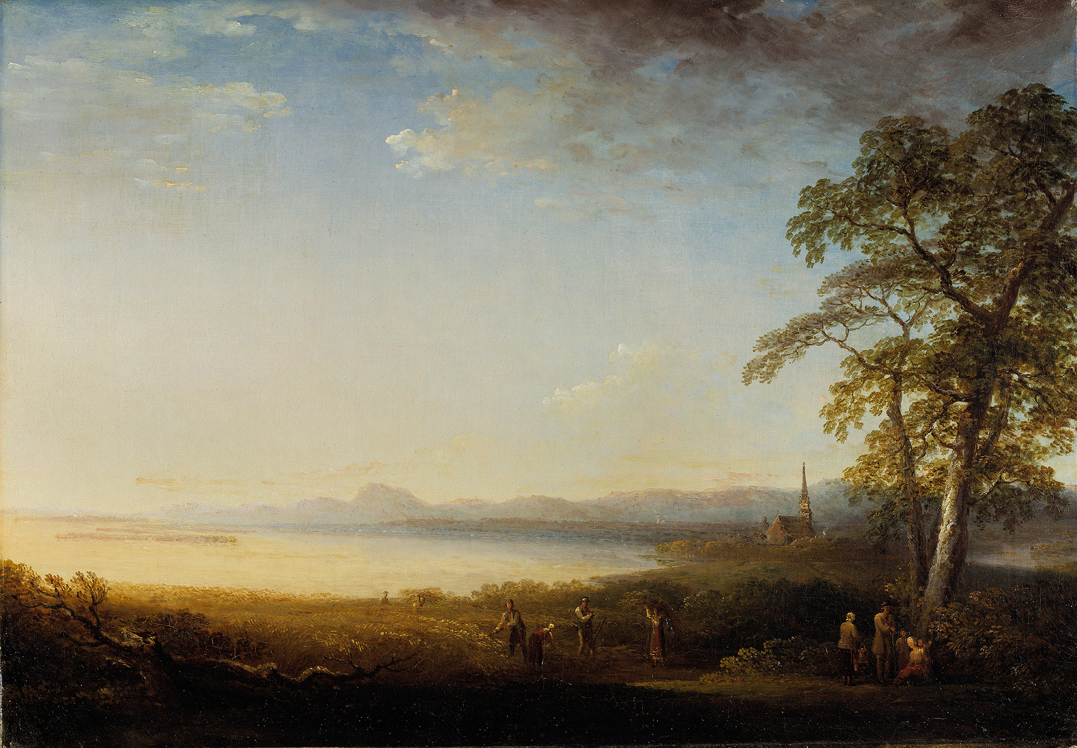 Landskap vid Mora kyrka by Carl Johan Fahlcrantz, oil painting depicting a lush landscape.