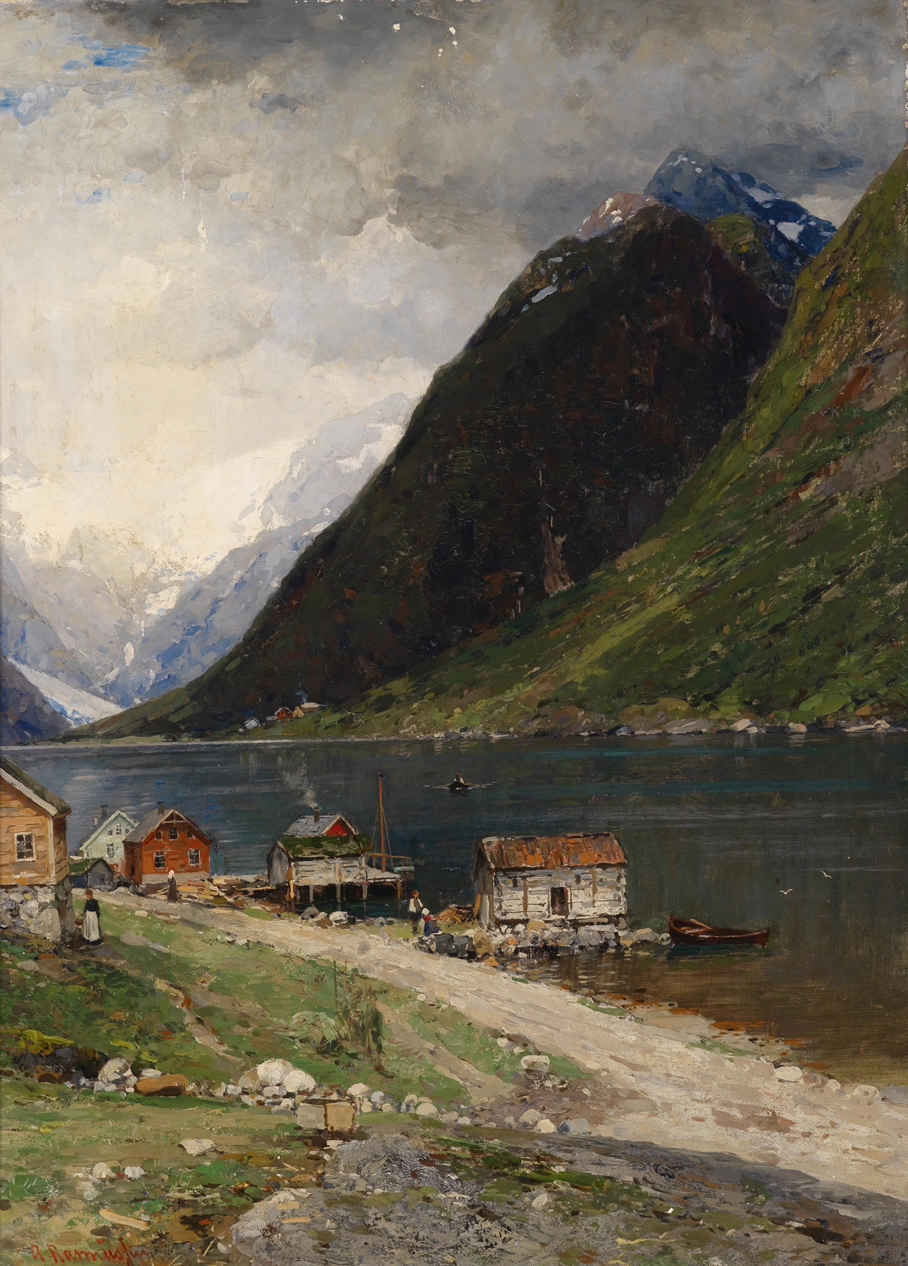 Fjordlandschaft by Georg Anton Rasmussen, oil painting depicting mountains under a twilight sky.