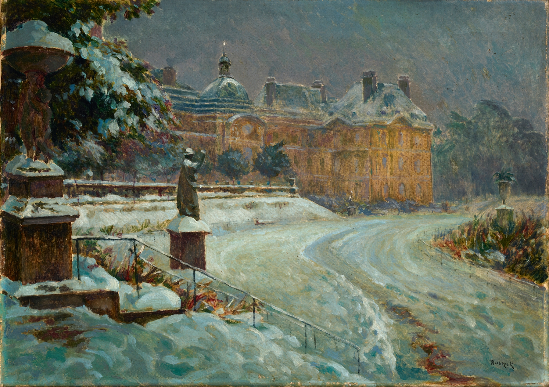 Luxembourg Palace in Snow by Jan Rubczak, realism, depicting a snowy palace scene