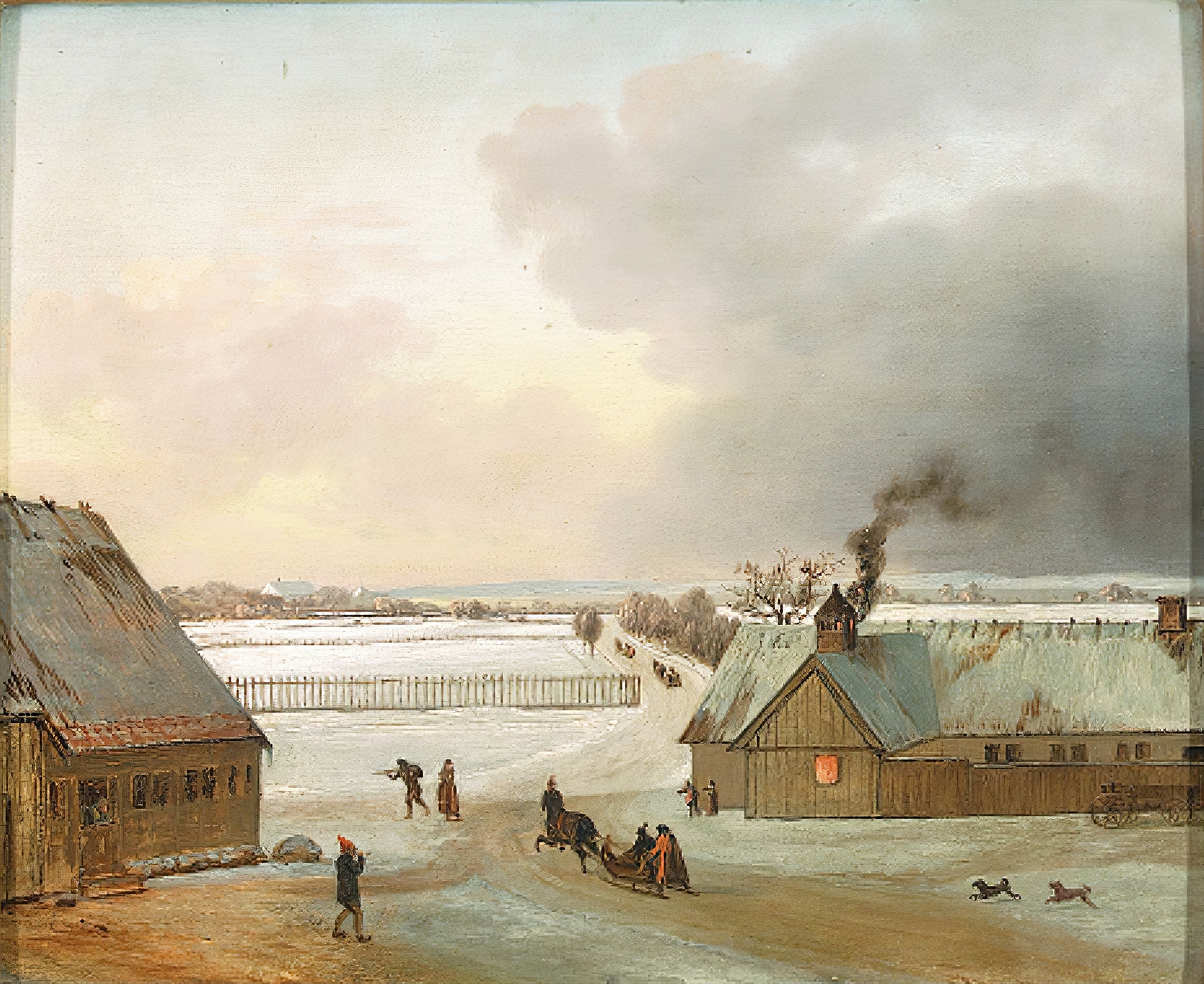 Vinterstykke Forestillende Udsigt Til Søelyst Fra Ordrup Med En Kanefærd, by Jens Juel, public domain