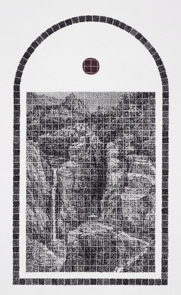 Landscape depicting a mountain pavilion overlooking falls, ink on paper by Lee Chun-Yi