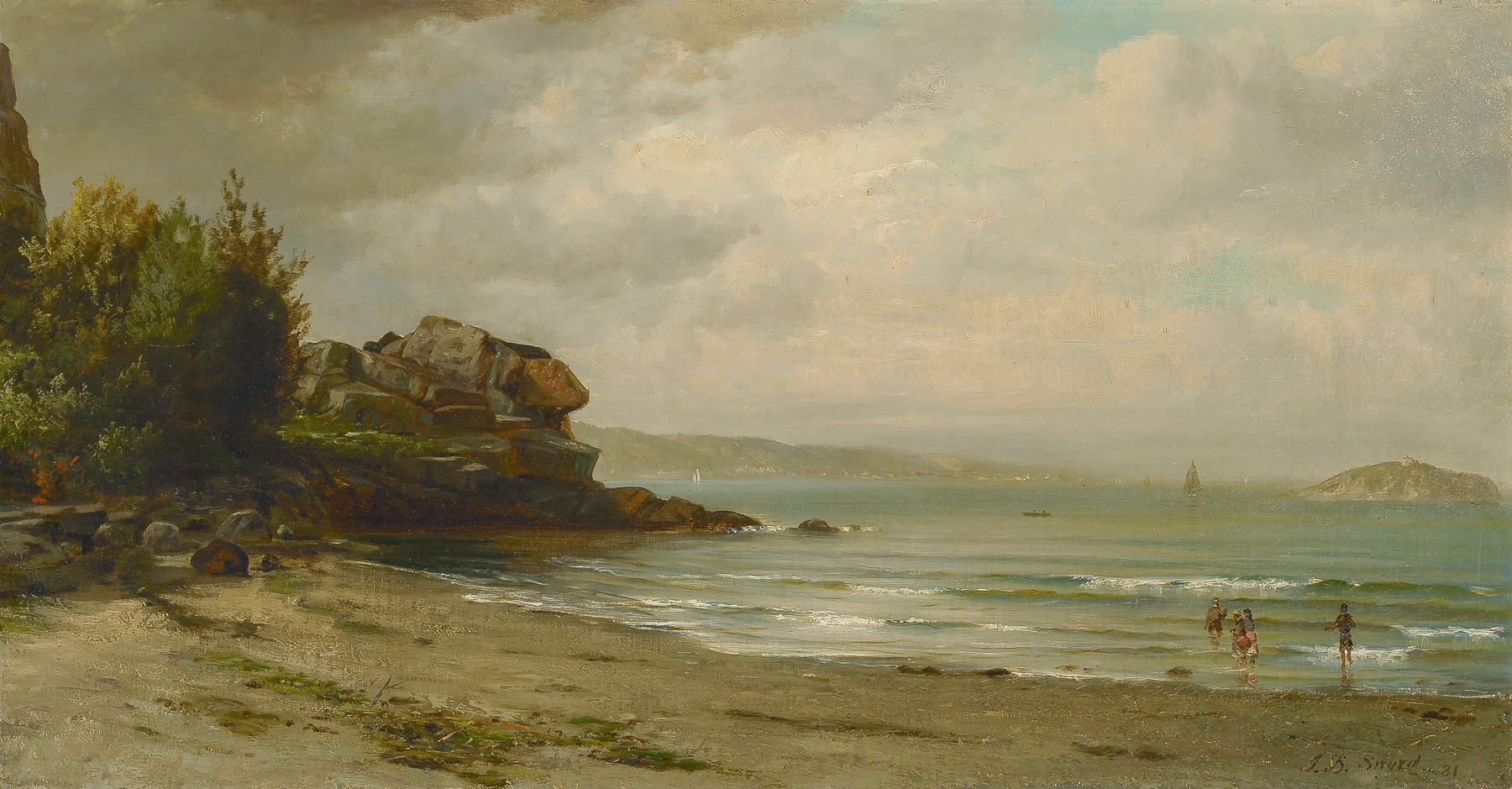 Off the Rhode Island Coast, oil on canvas by James Brade Sword, depicting crashing waves and a vibrant seascape.