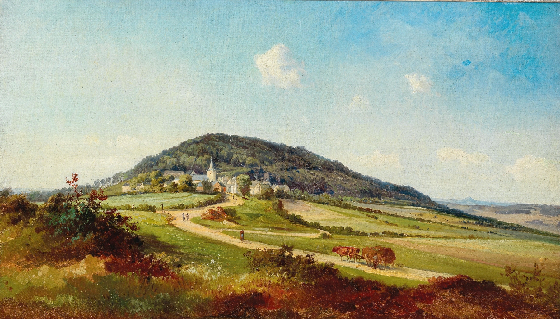 Landscape oil painting by Friedrich Zeller featuring rolling hills and foliage.