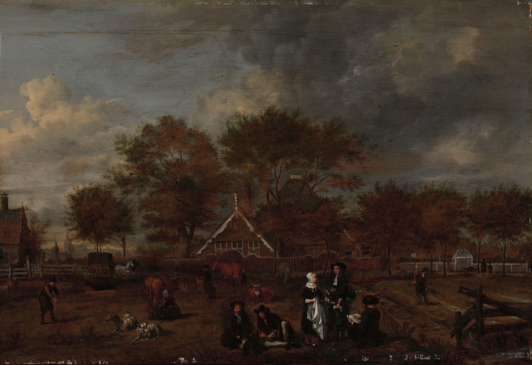Genre scene depicting a farmer and his wife in a landscape, oil painting by Jan Pietersz Opperdoes