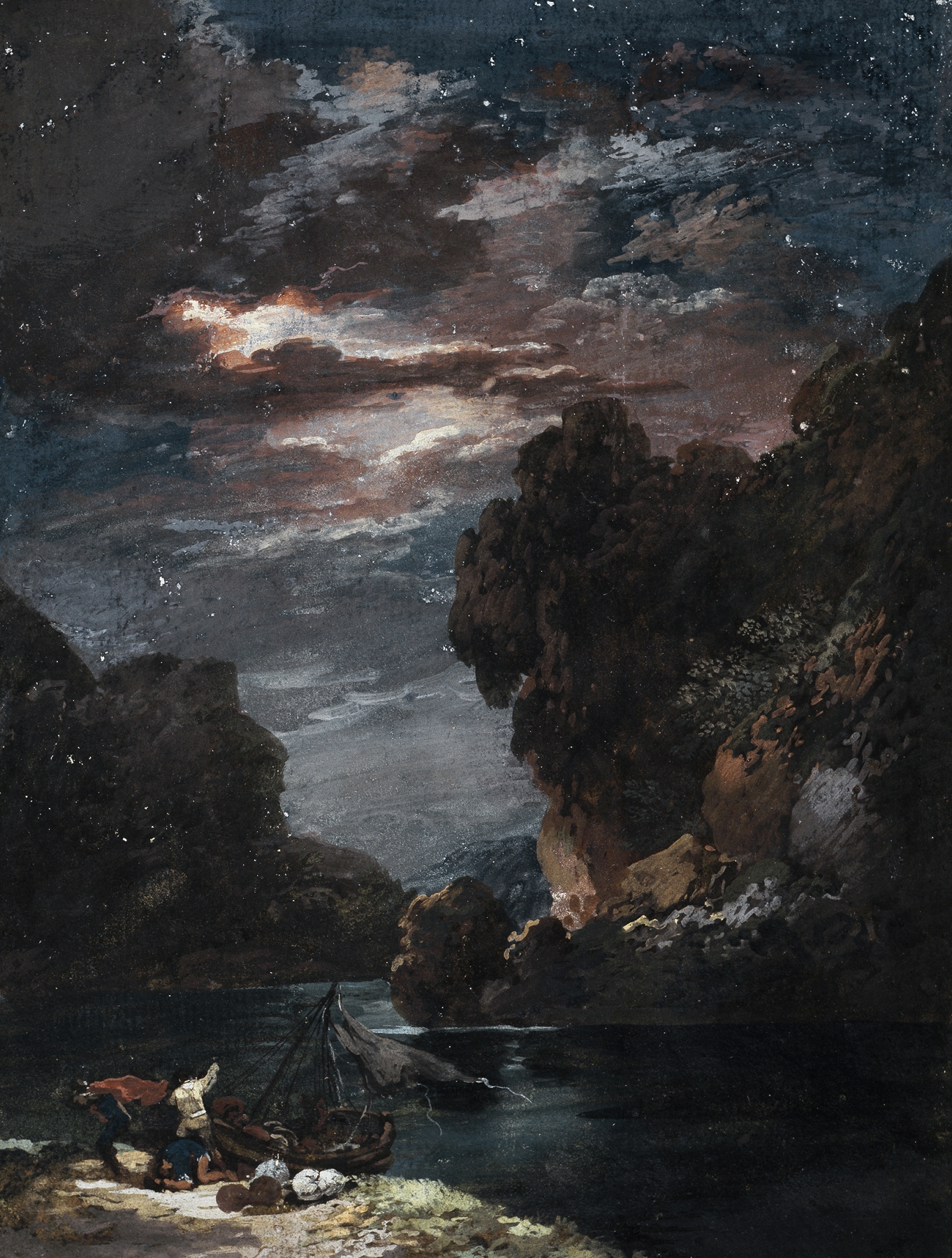 Stormy moonlit night landscape by Johann Georg Wagner, oil on canvas