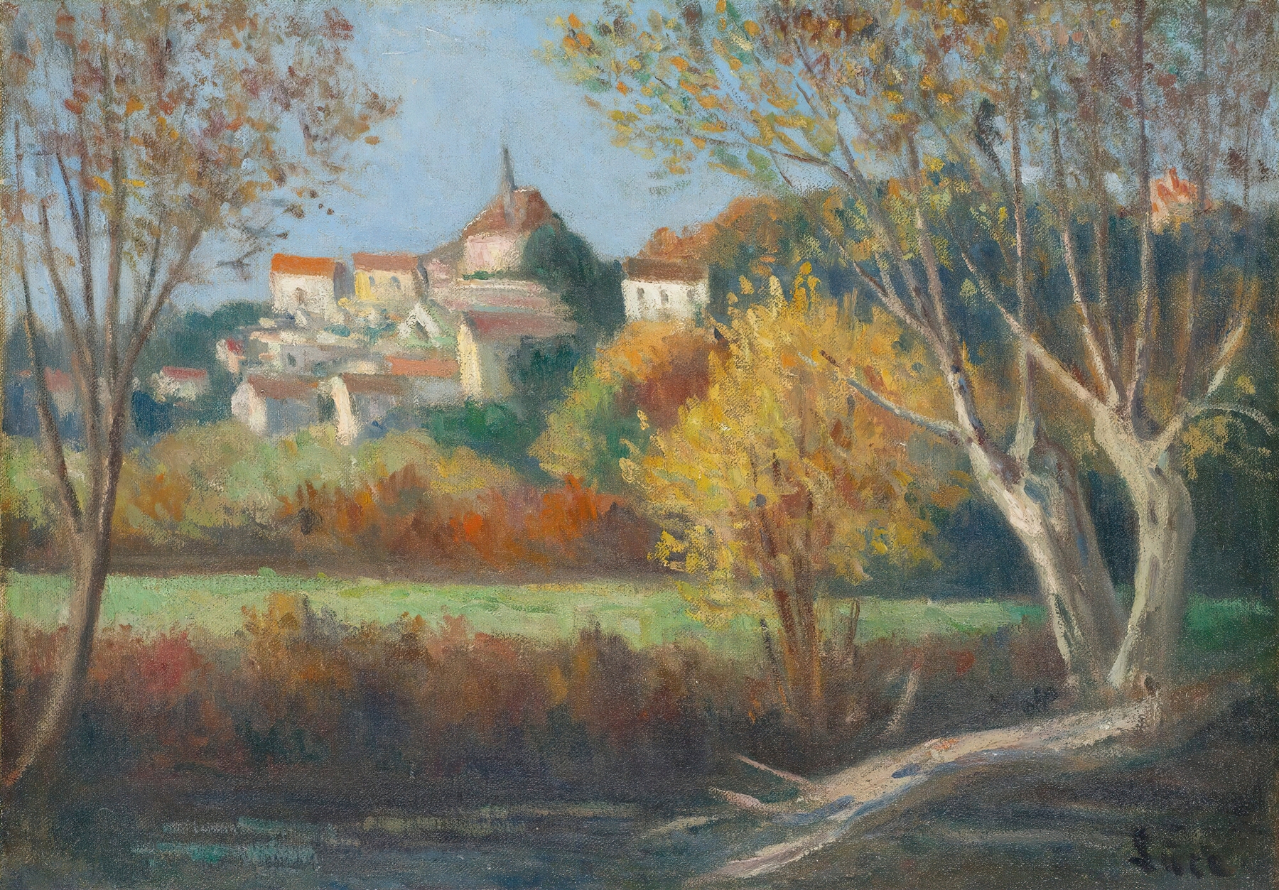 Rolleboise, Le Village by Maximilien Luce, oil on canvas depicting quaint houses in a village landscape