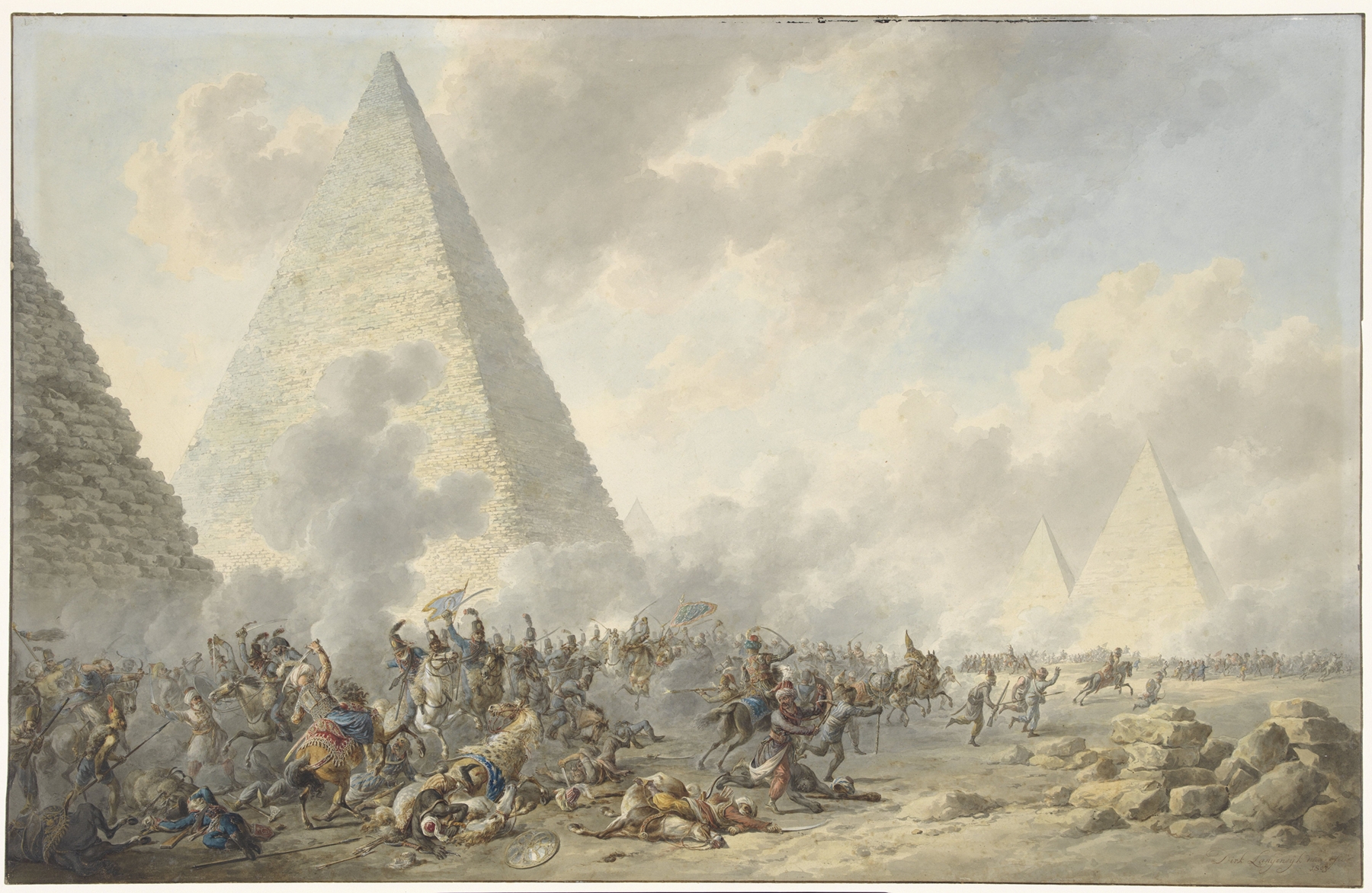 Battle of the Pyramids by Dirk Langendijk, oil on canvas depicting soldiers clashing near pyramids.