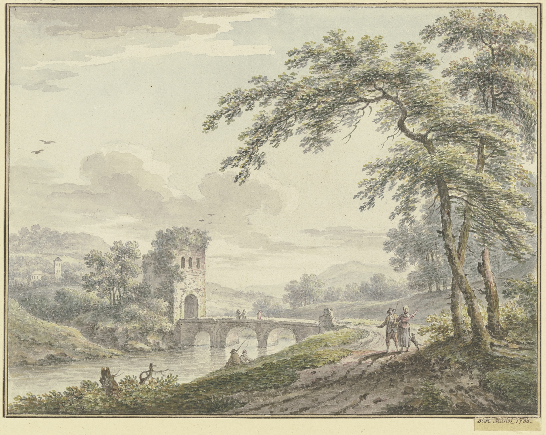 Landschaft mit einer Brücke und Turm, a Rococo landscape by Johann Heinrich Müntz