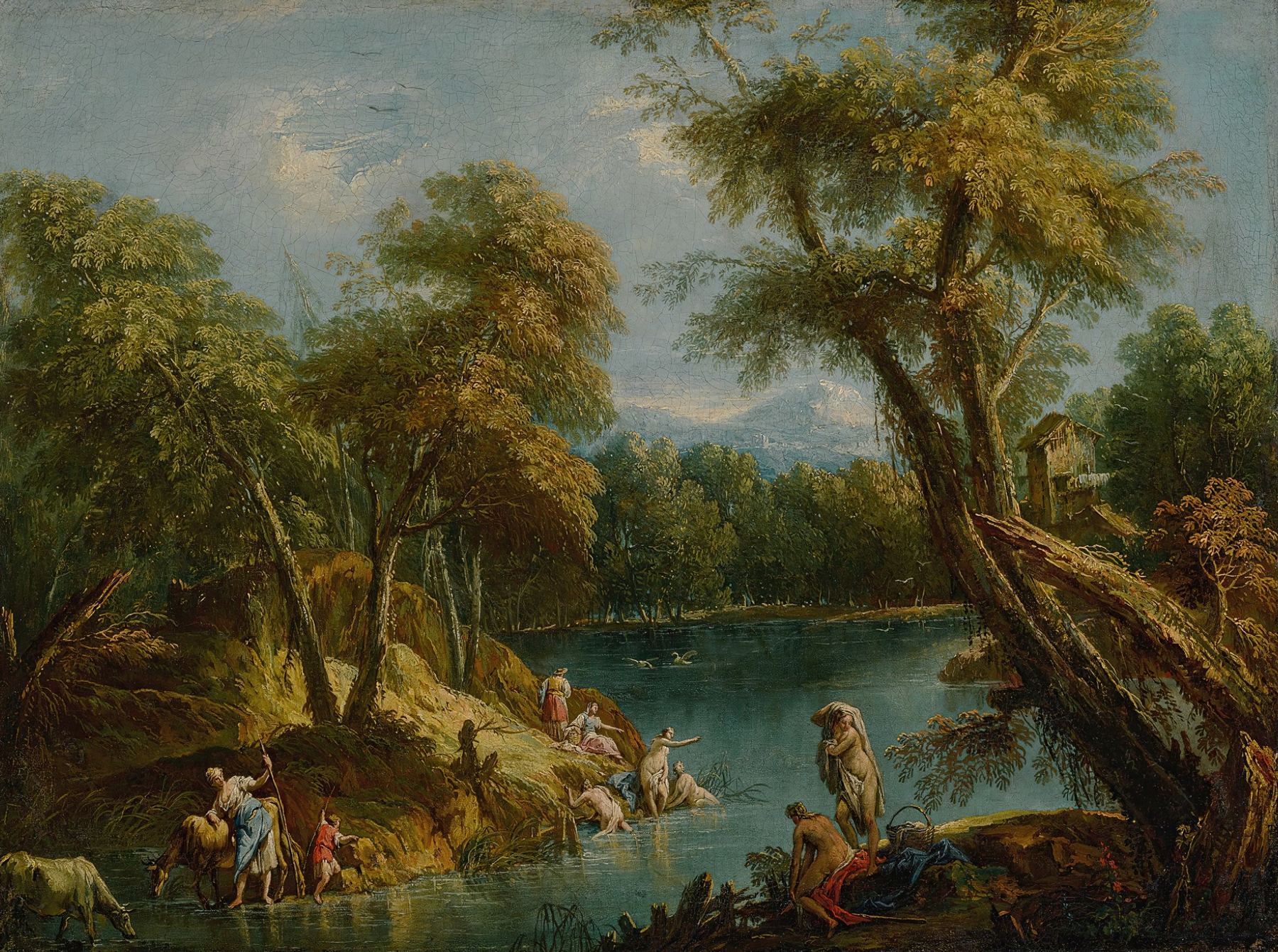 Wooded landscape with figures and animals by a lake, oil painting by Antonio Diziani