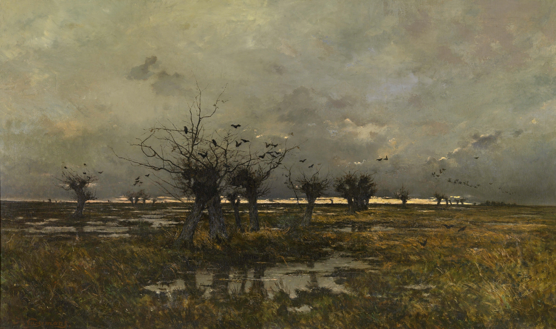 Evening in the Limburg Kempen by Joseph Théodore Coosemans, oil painting depicting a serene twilight landscape.