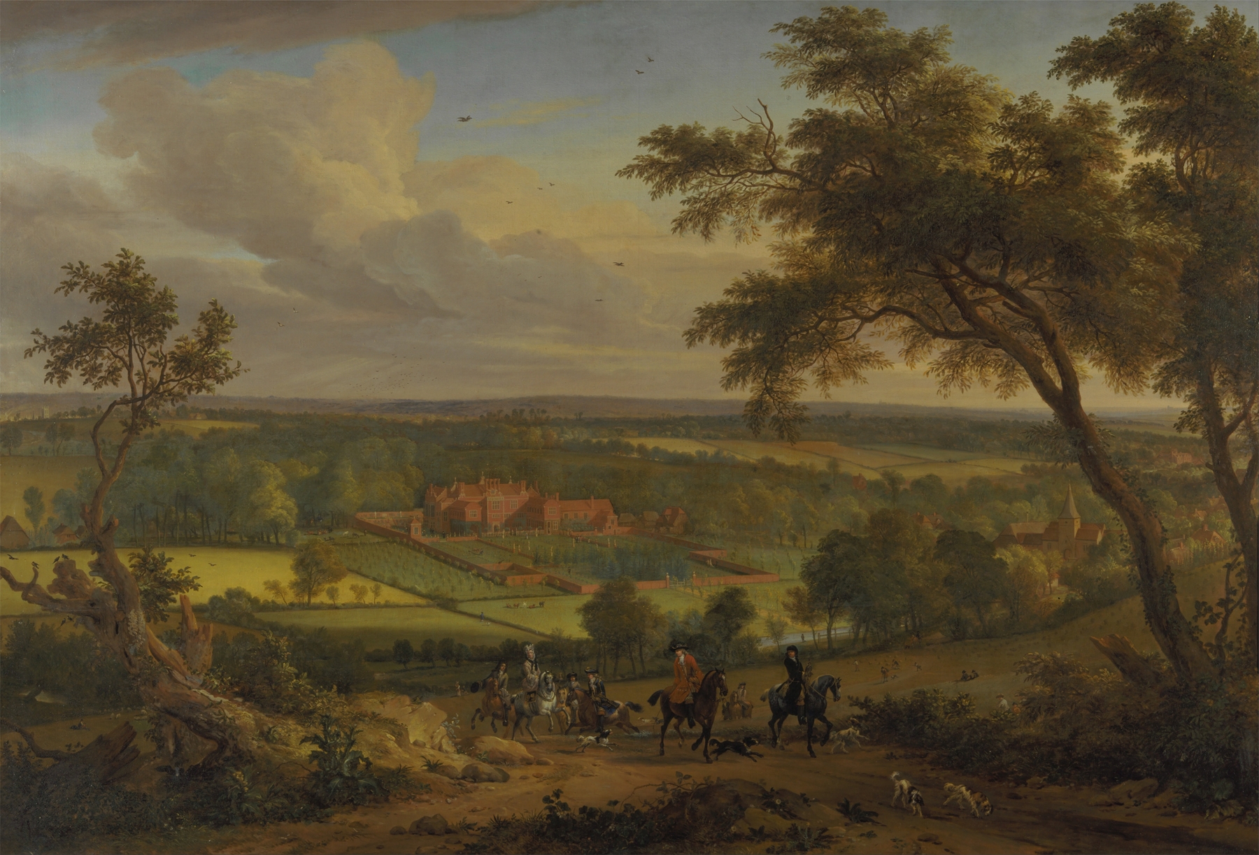 Bifrons Park, Kent, oil on canvas by Jan Wyck, featuring a tranquil pond and lush greenery.
