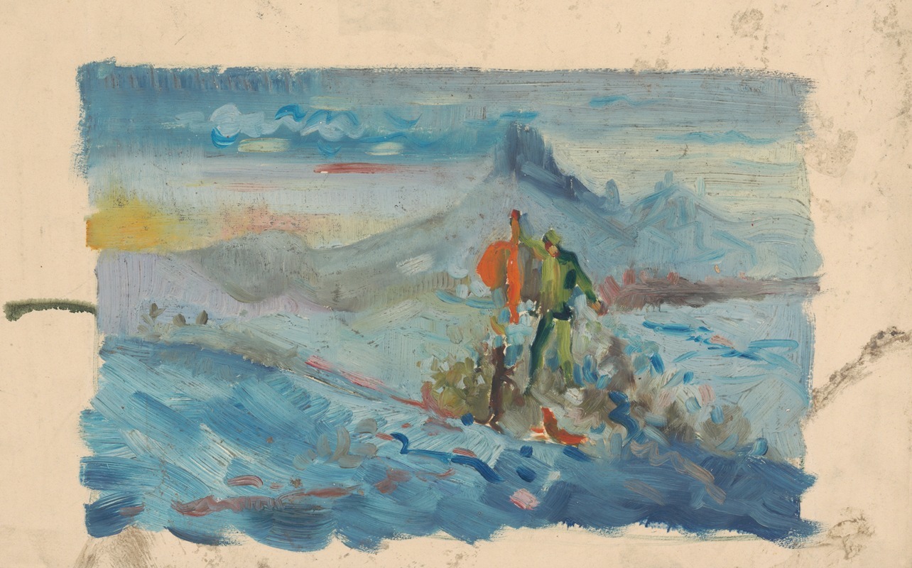 A depiction of hunters in a serene landscape setting.