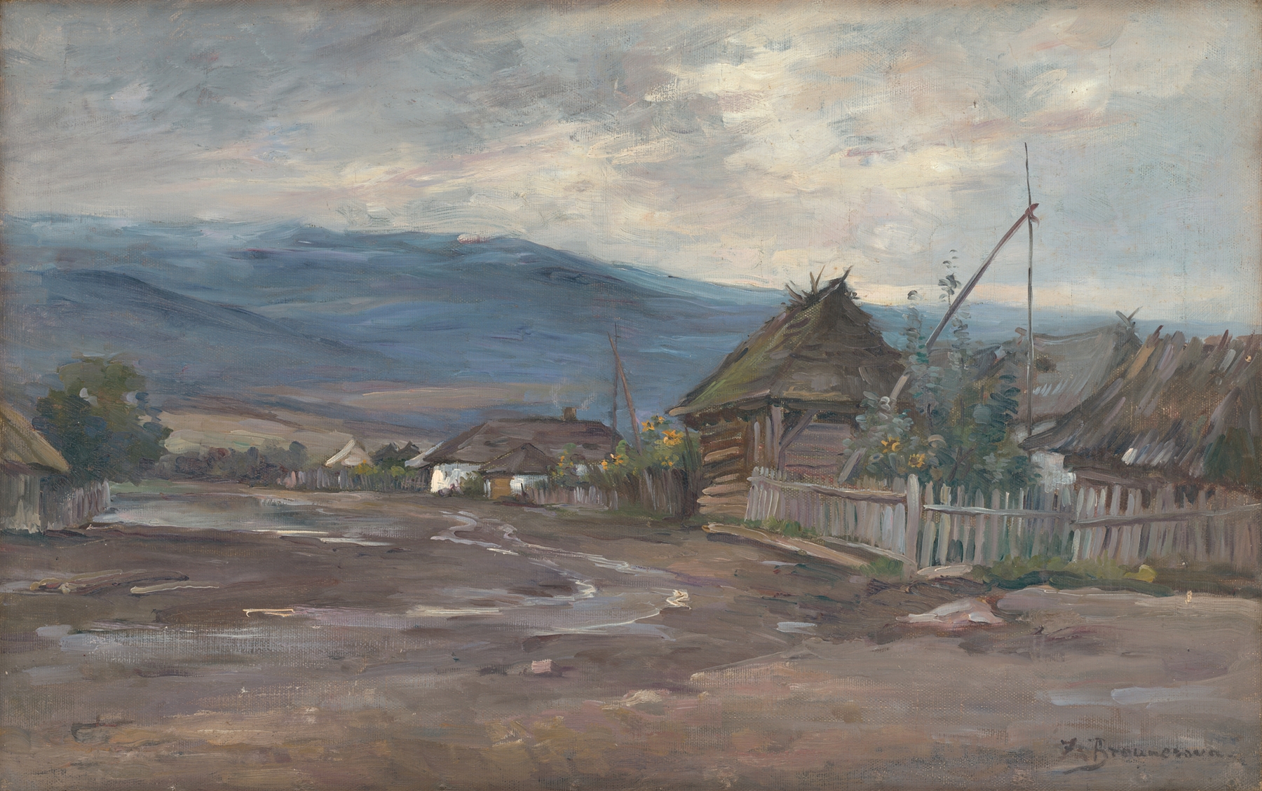 Landscape oil painting by Zdenka Braunerová depicting mountains and a river