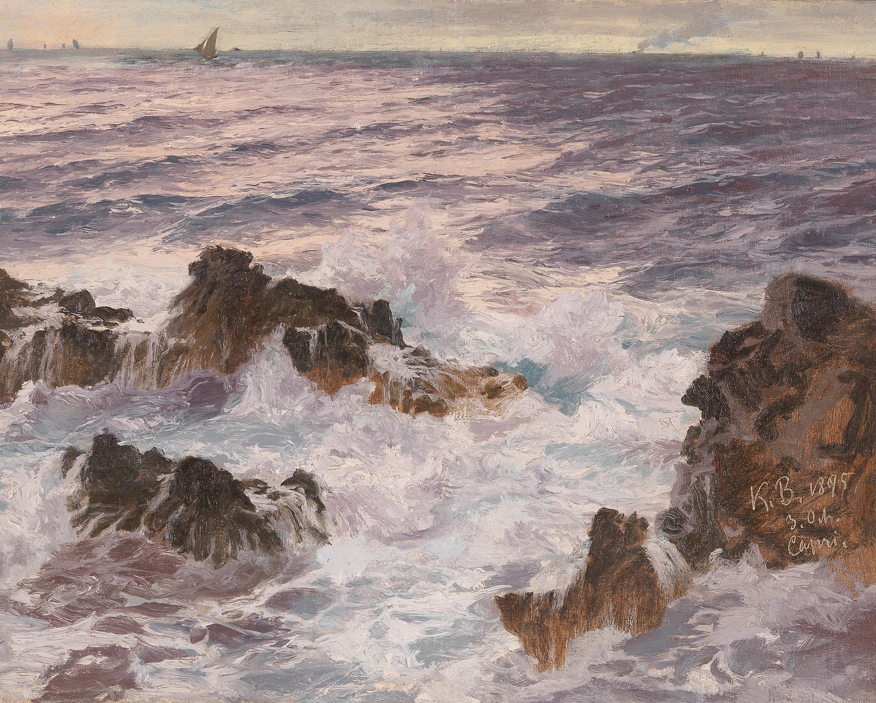 Heavy Seas off the Coast of Capri by Karl Theodor Boehme, oil painting depicting turbulent waves and a stormy sky.