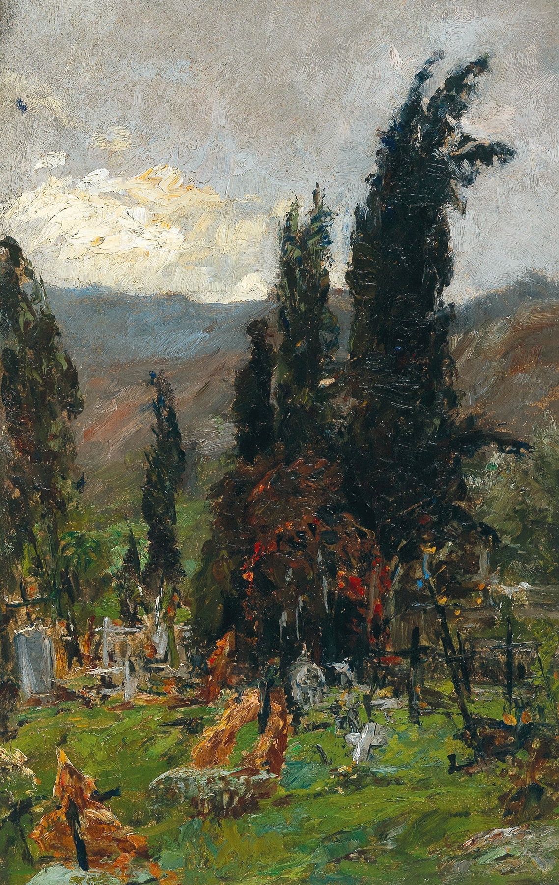 Cemetery at dusk, oil on canvas by Olga Wisinger-Florian