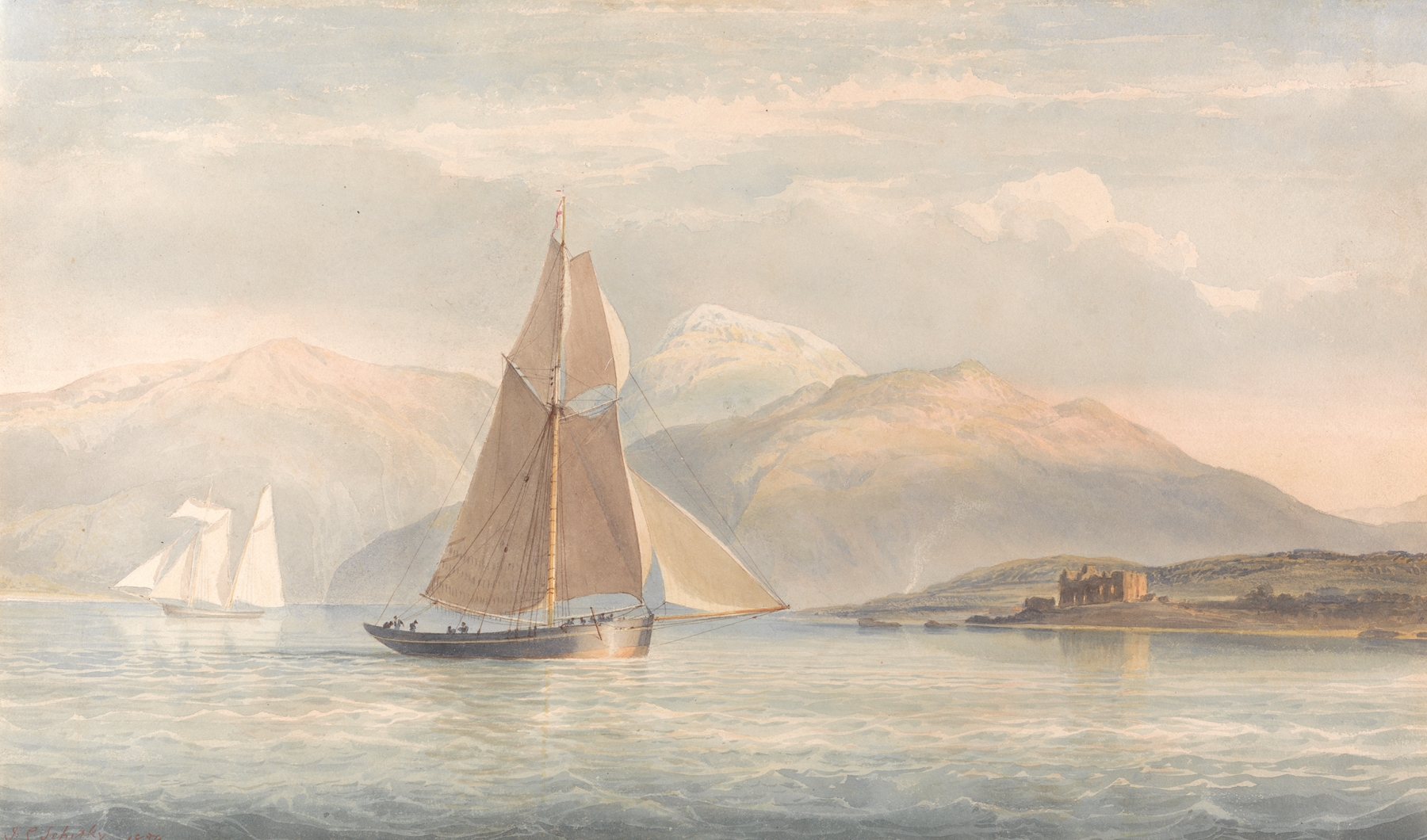 Boat sailing on water with mountains in the background, oil on canvas by John Christian Schetky.