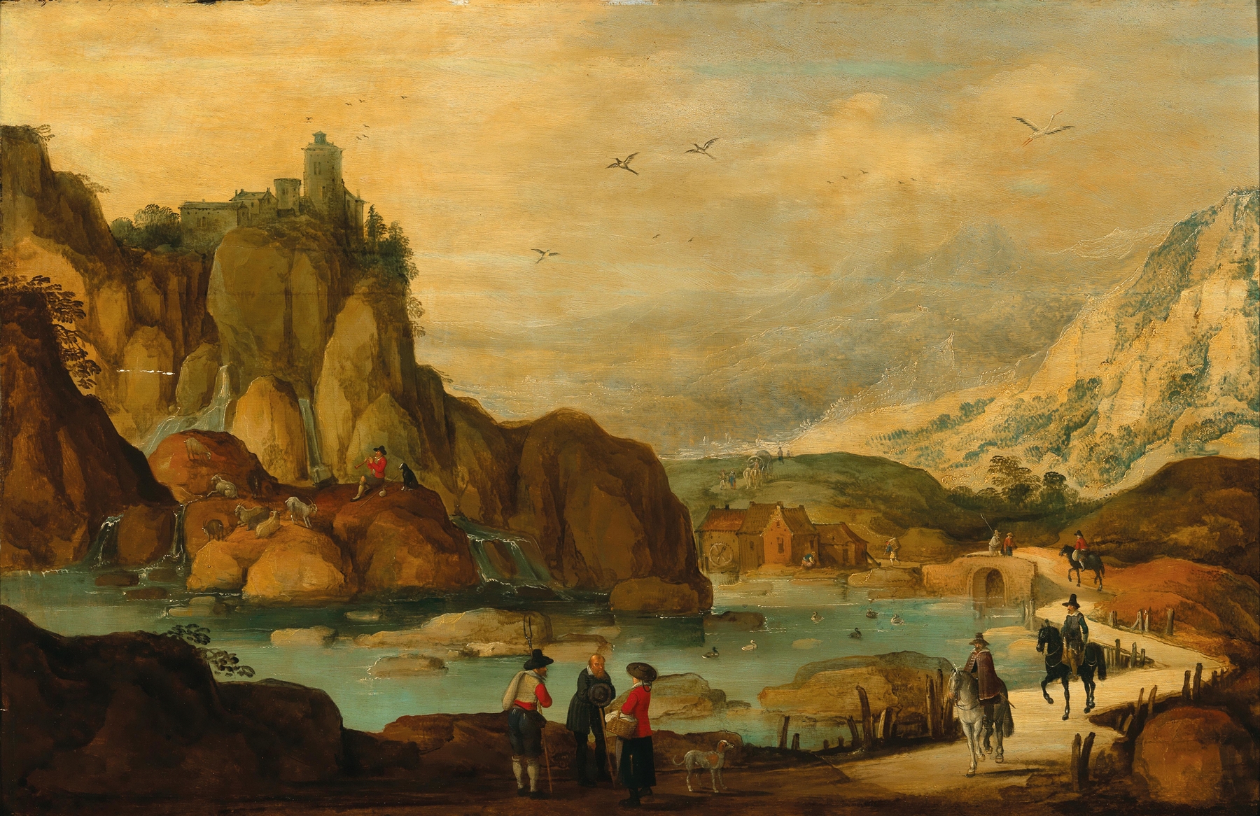 A rocky landscape with travellers on horseback near a stream, by Joos de Momper, public domain