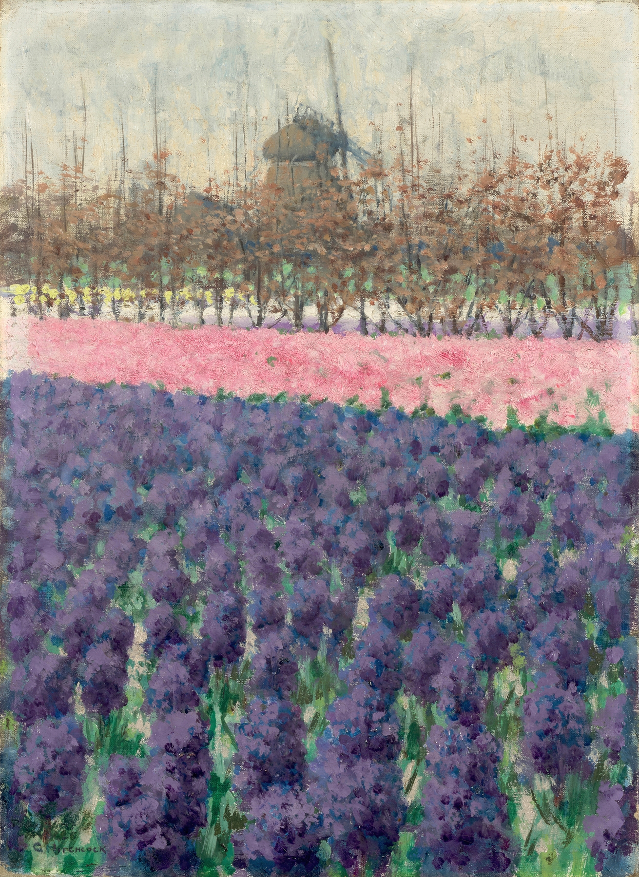 Hyacinths in Holland by George Hitchcock, oil painting depicting vibrant hyacinths in a garden.