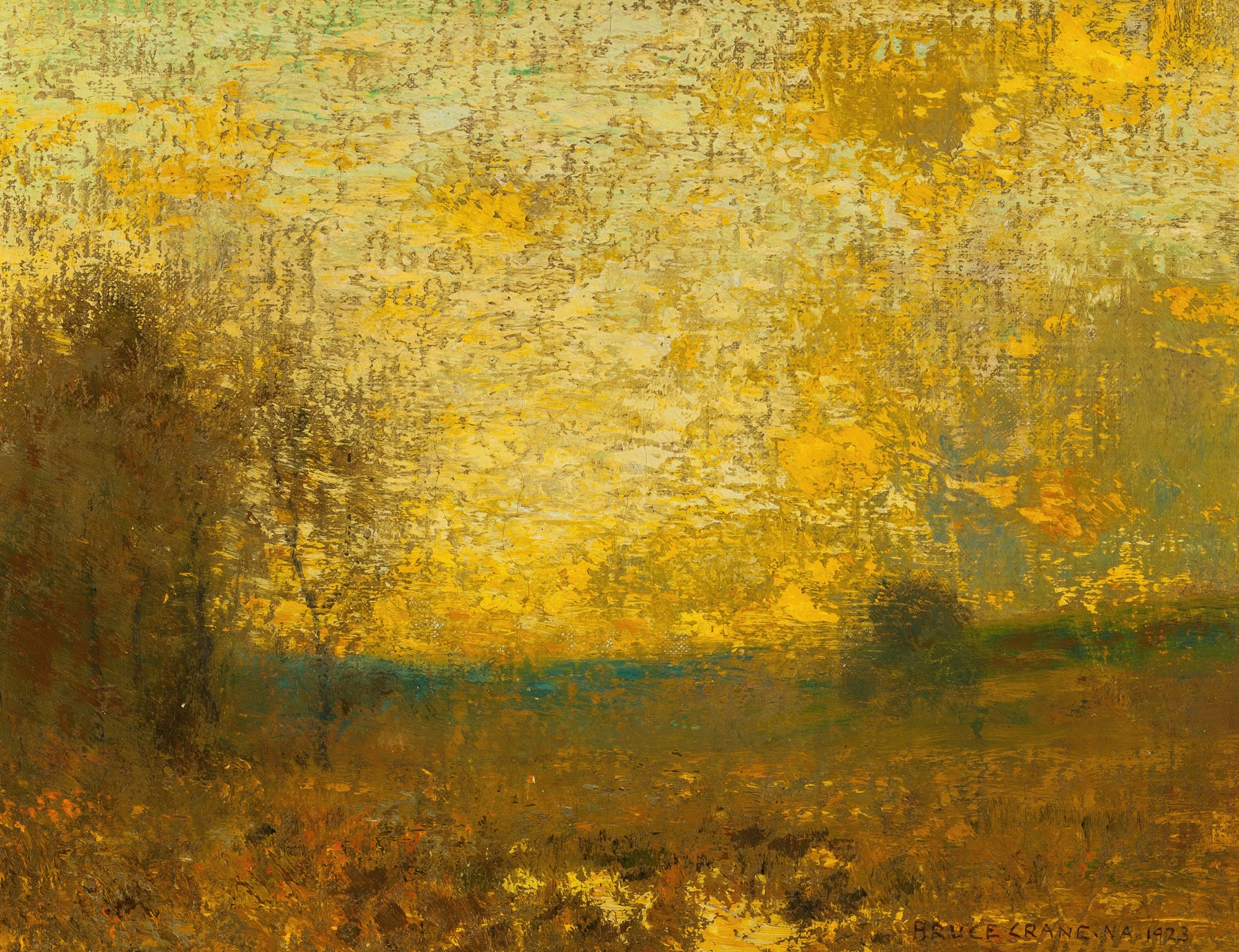 Landscape at twilight with golden light by Bruce Crane, oil painting