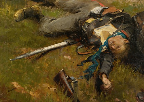 A soldier lies on the ground, surrounded by a battlefield scene depicting the aftermath of war.