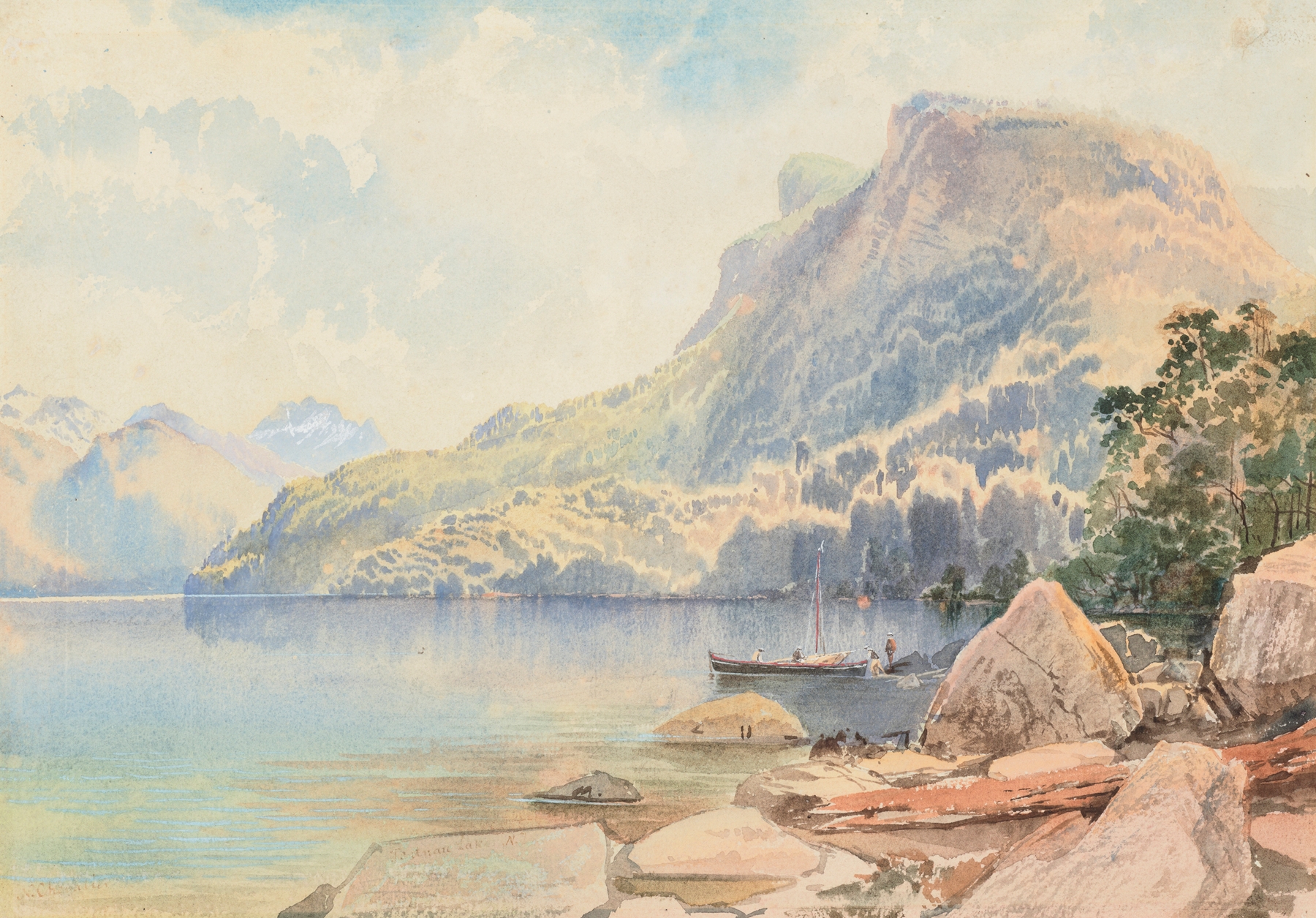 Te Anau Lake landscape by Nicholas Chevalier, oil painting