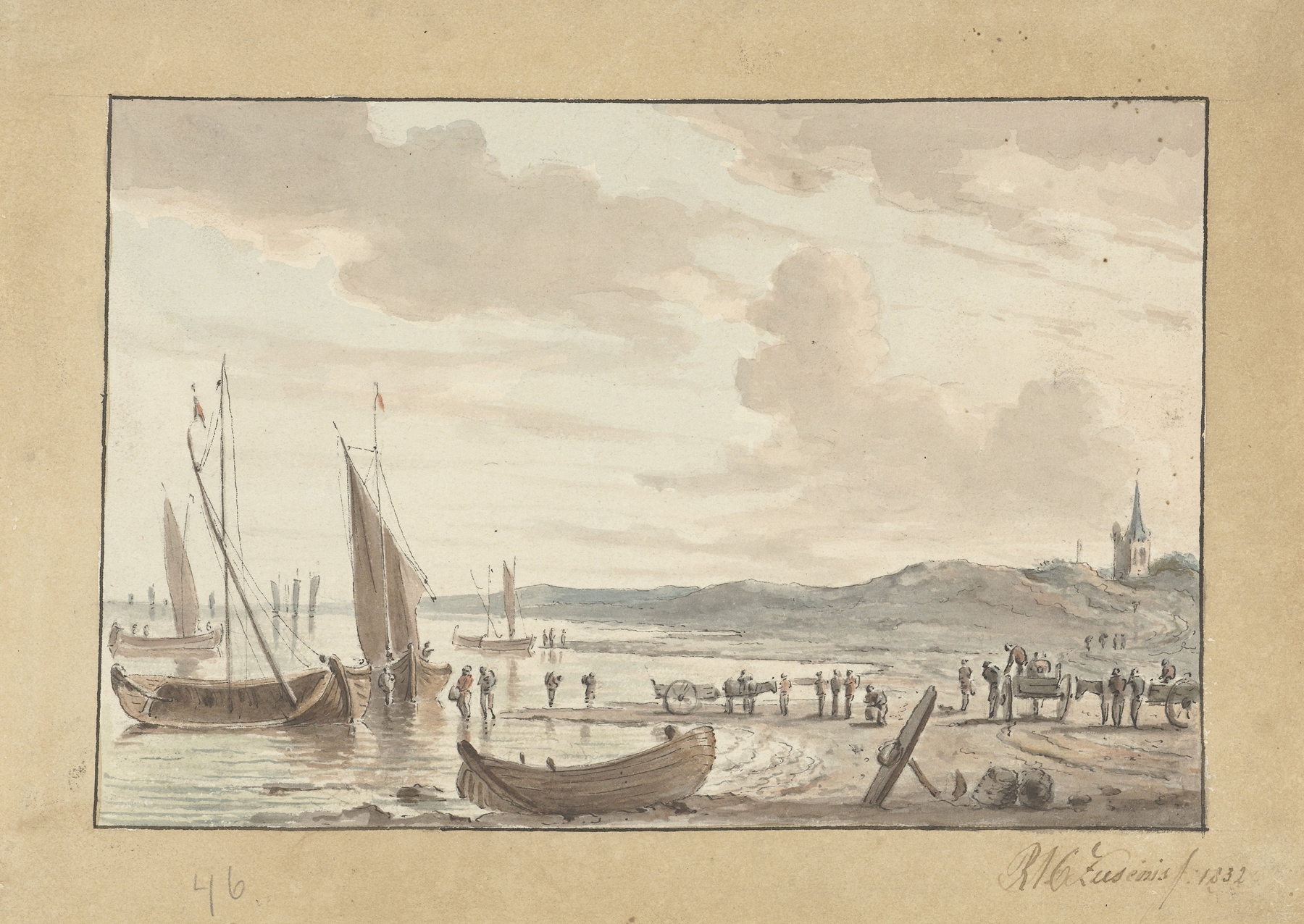 Marine scene with sailing ships and a church tower by R.A.C. Ziesenis