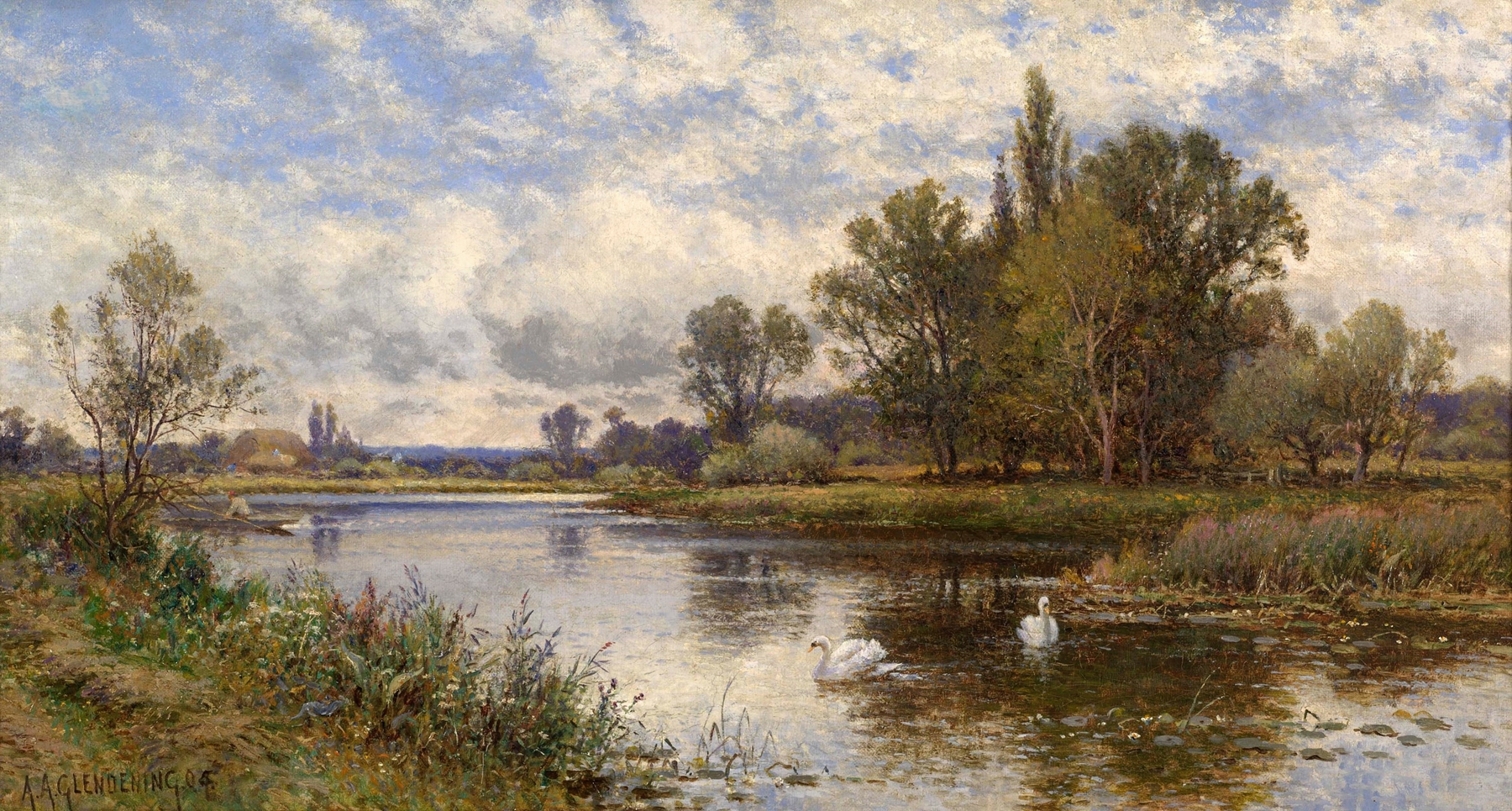 River scene with swans gliding on water, oil on canvas by Alfred Augustus Glendening