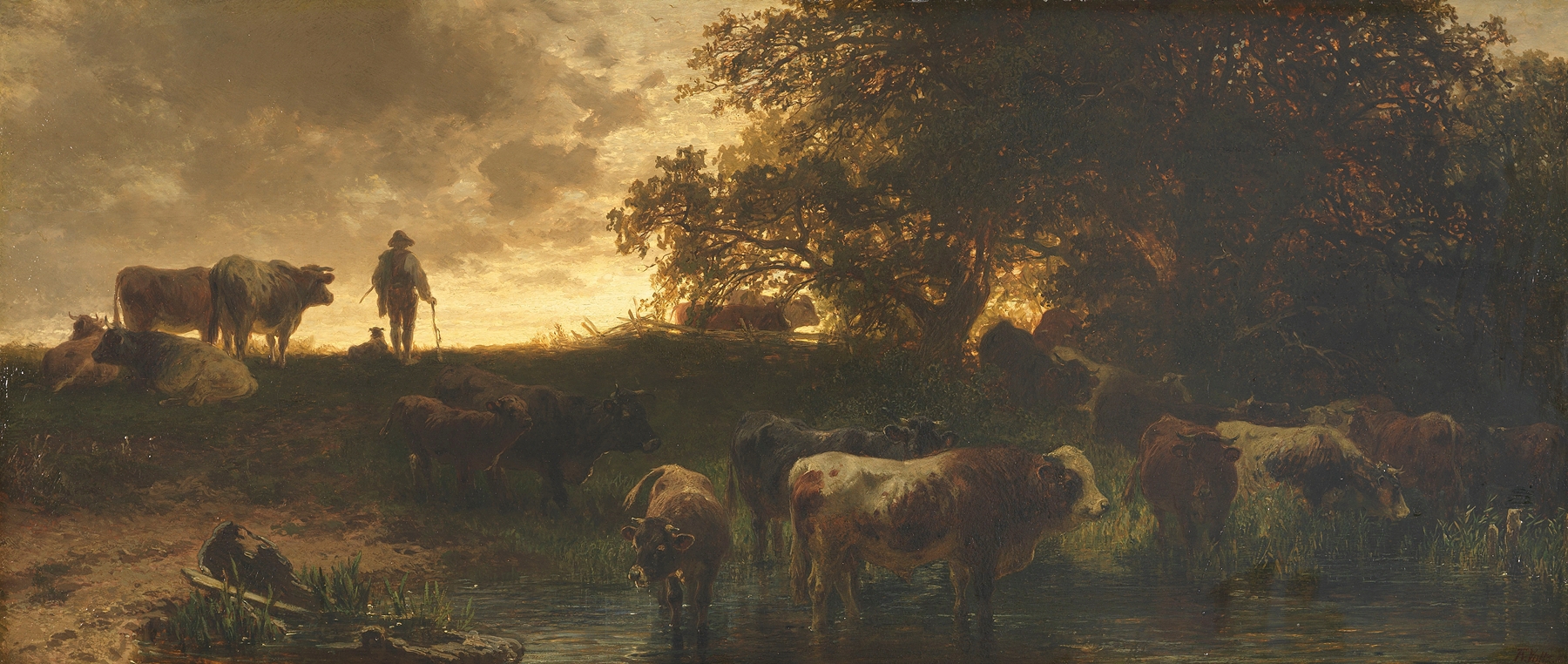 Rinderherde an der Tränke by Friedrich Voltz, oil painting depicting cattle at a water source