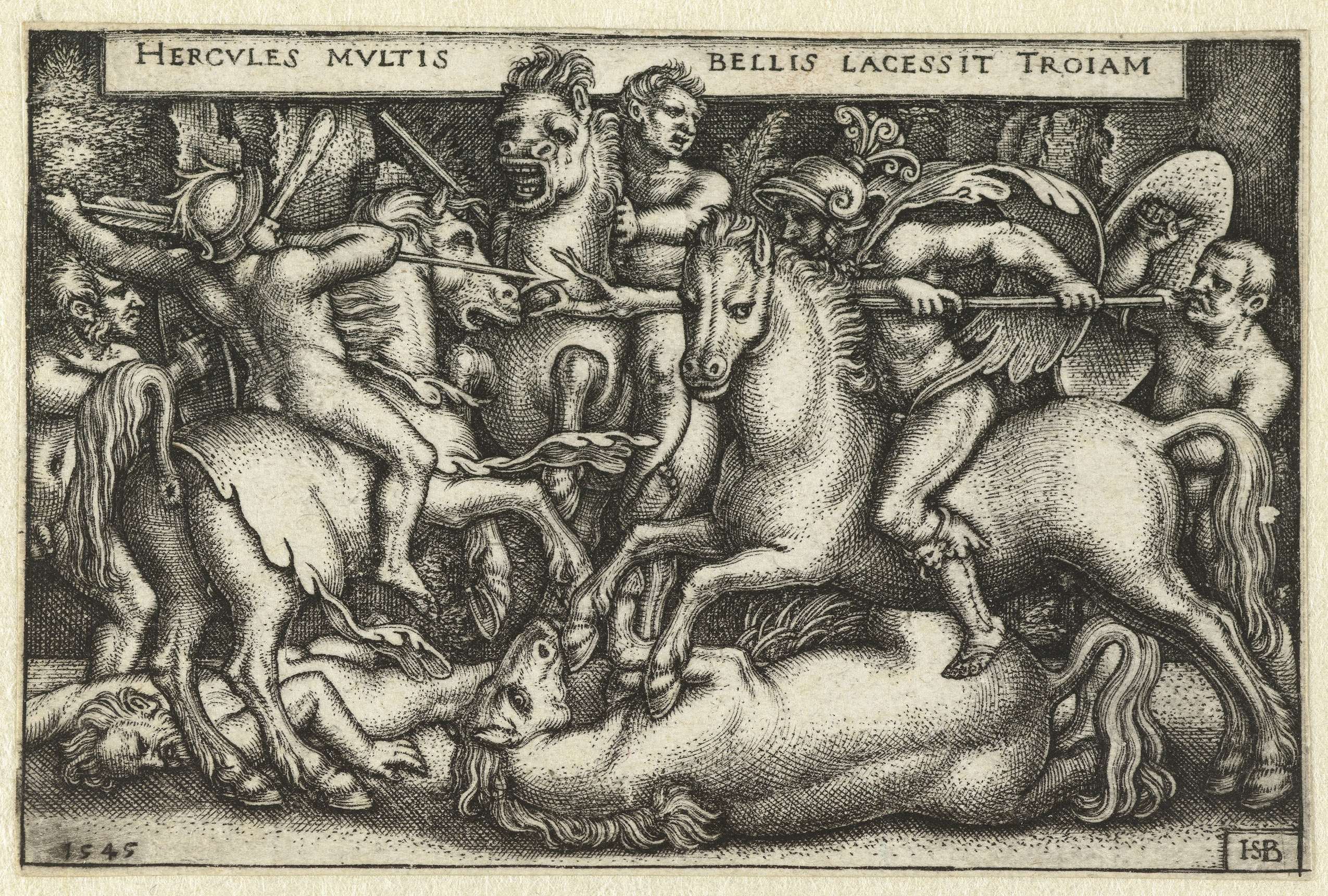 Hercules in gevecht met de Trojanen, engraving by Hans Sebald Beham, depicting a battle scene.