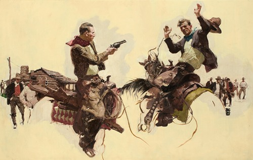 Dean Cornwell's 'The Stick-up' captures a tense moment in a dramatic narrative.