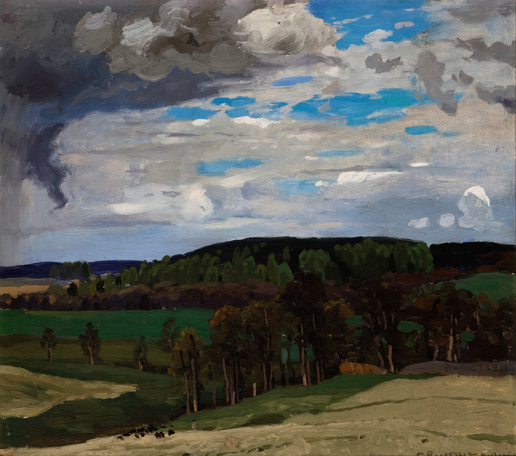 Landscape with Clouds by Ferdynand Ruszczyc, oil on canvas depicting a serene landscape with swirling clouds.