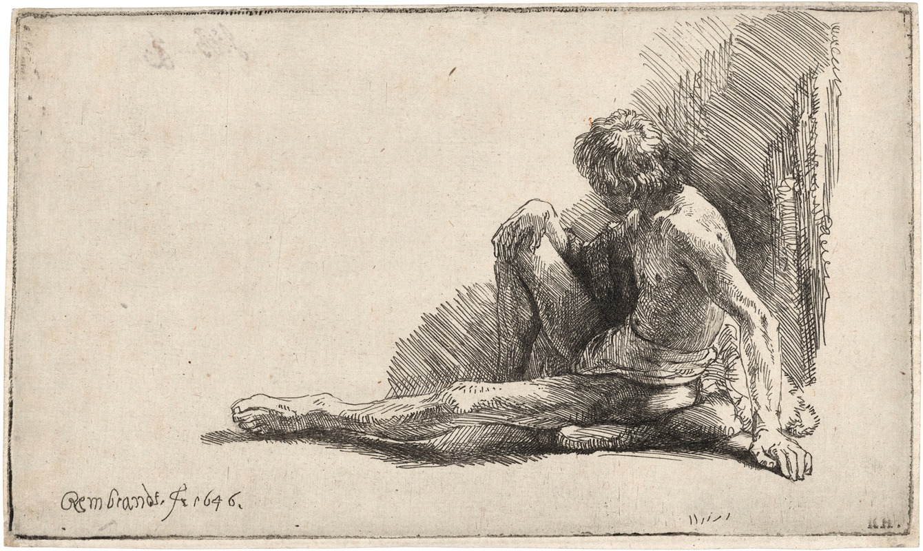 A seated nude male figure with one leg extended, showcasing Rembrandt's skill in human anatomy.