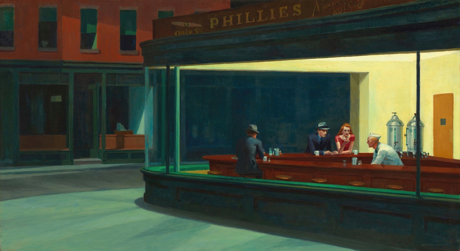 Edward Hopper's 'Nighthawks' depicts a late-night diner scene with a sense of isolation.