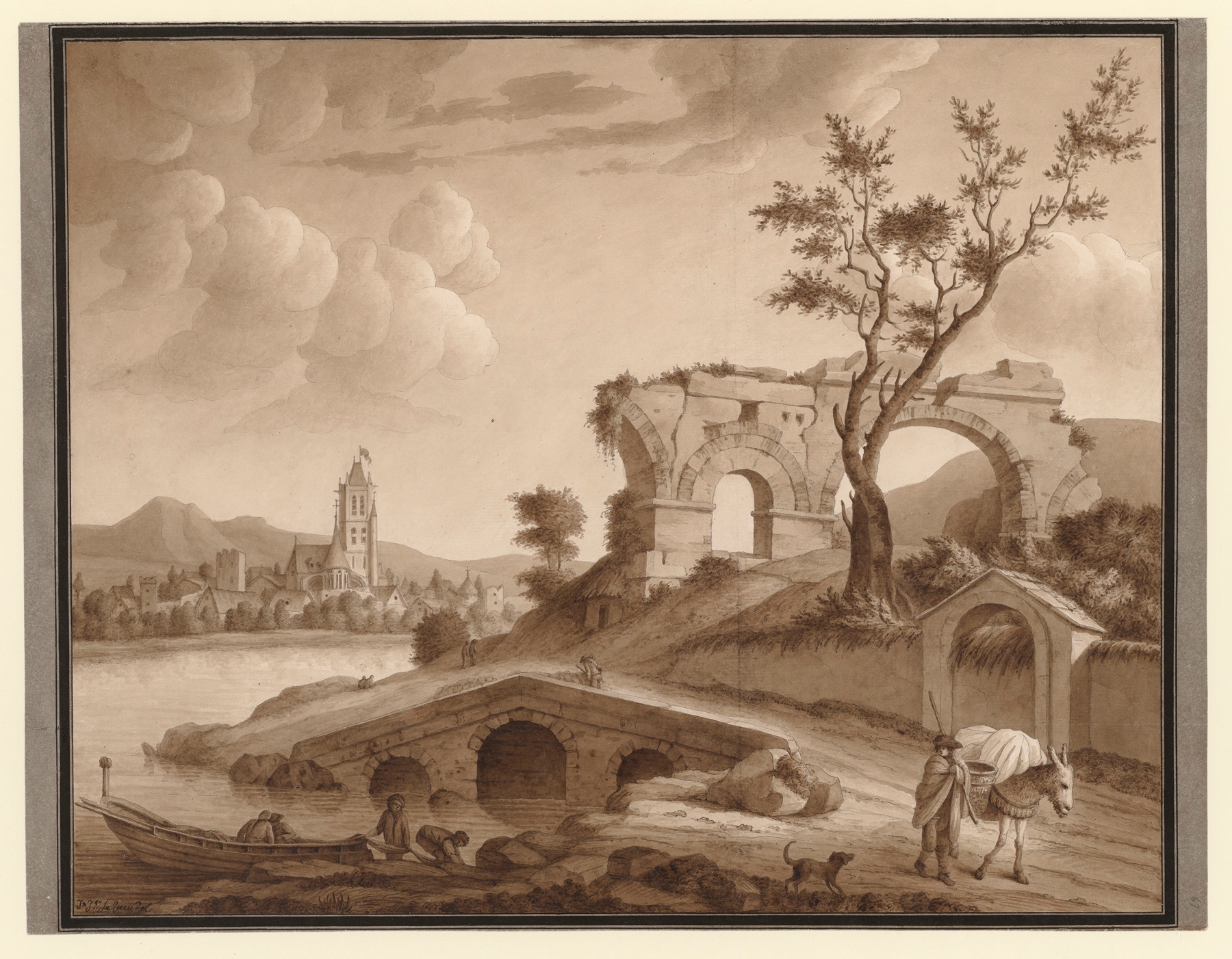 Landscape with a crumbling bridge, ink on paper by Jean Jacques Lequeu