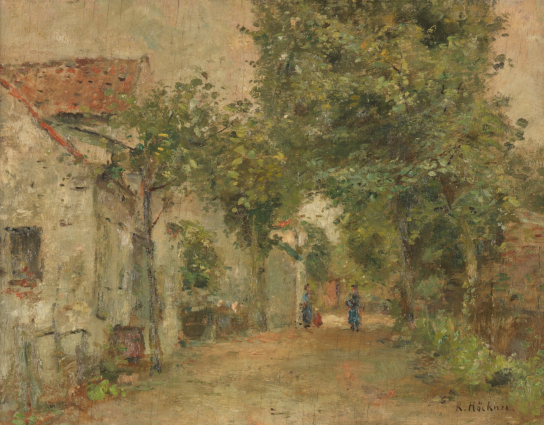 Frauen vor ländlichen Häusern by Rudolf Höckner, oil on canvas depicting women in a rural landscape.