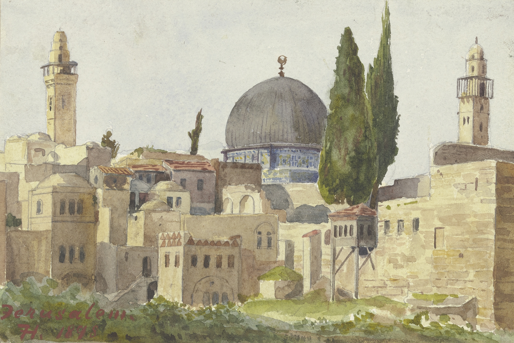 Architecture of Jerusalem featuring the Omar Mosque, oil painting by Fritz Hauck