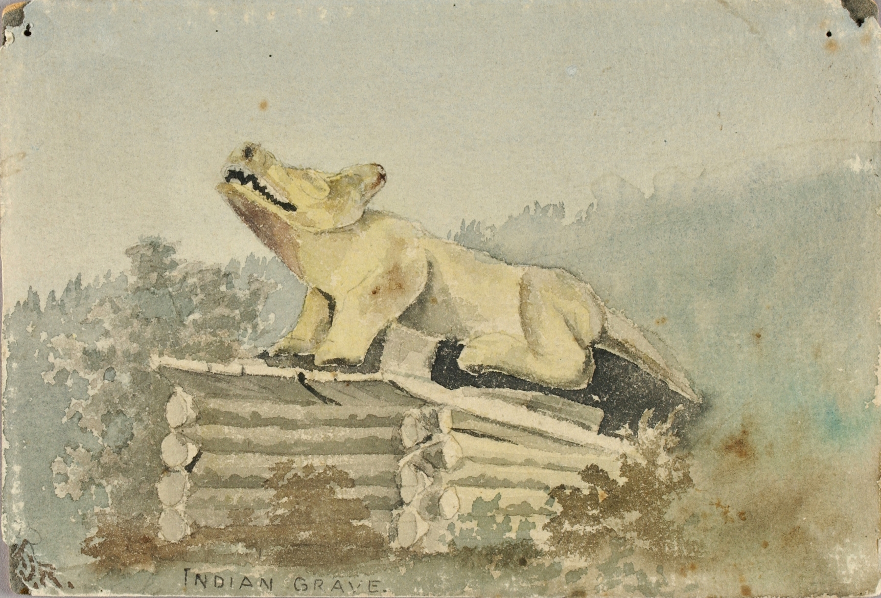 Indian Grave by Theodore J. Richardson, oil on canvas depicting a totem over a grave