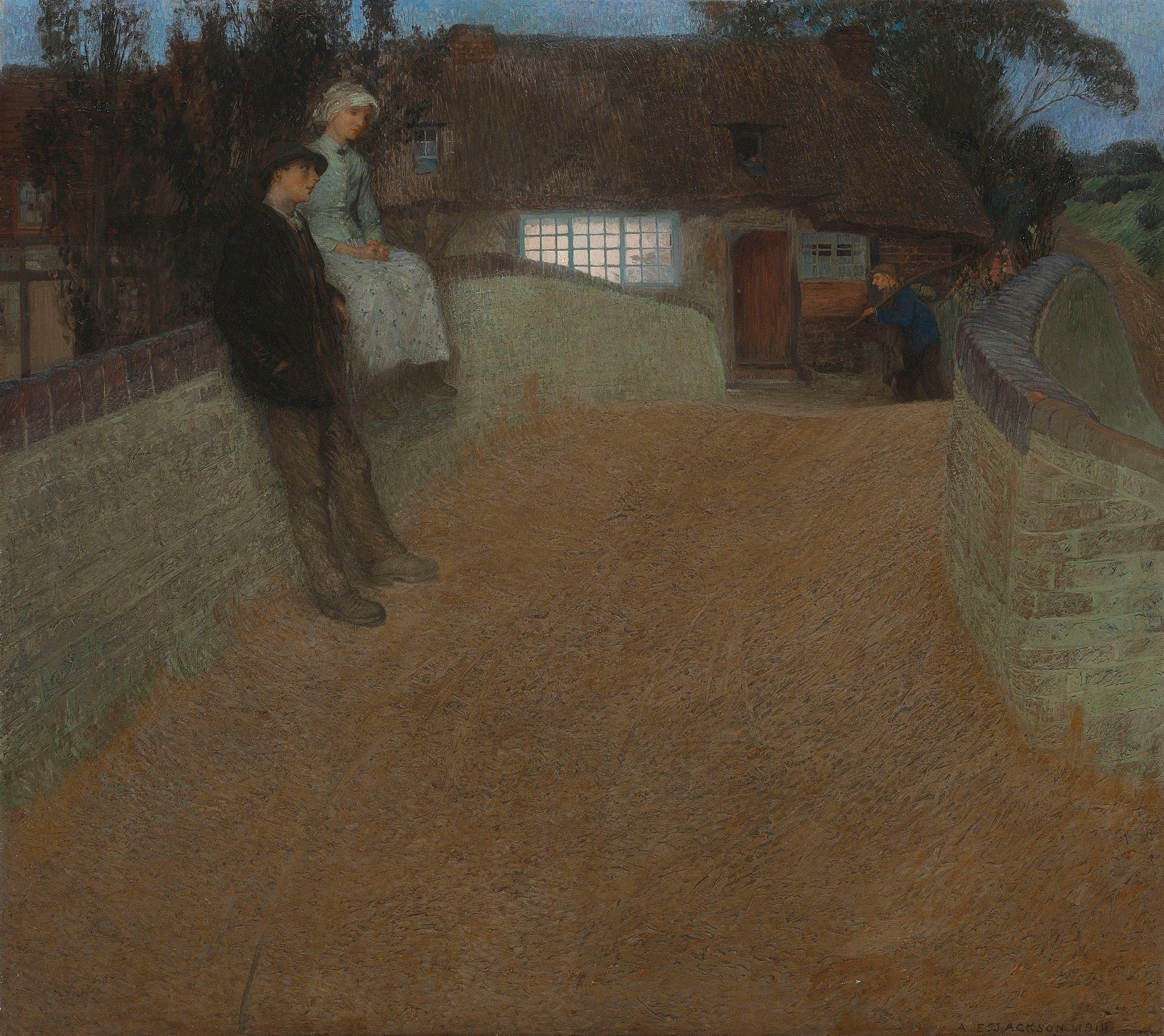 The Bridge by Albert Edward Jackson, impressionist oil painting depicting a bridge over water at sunrise.