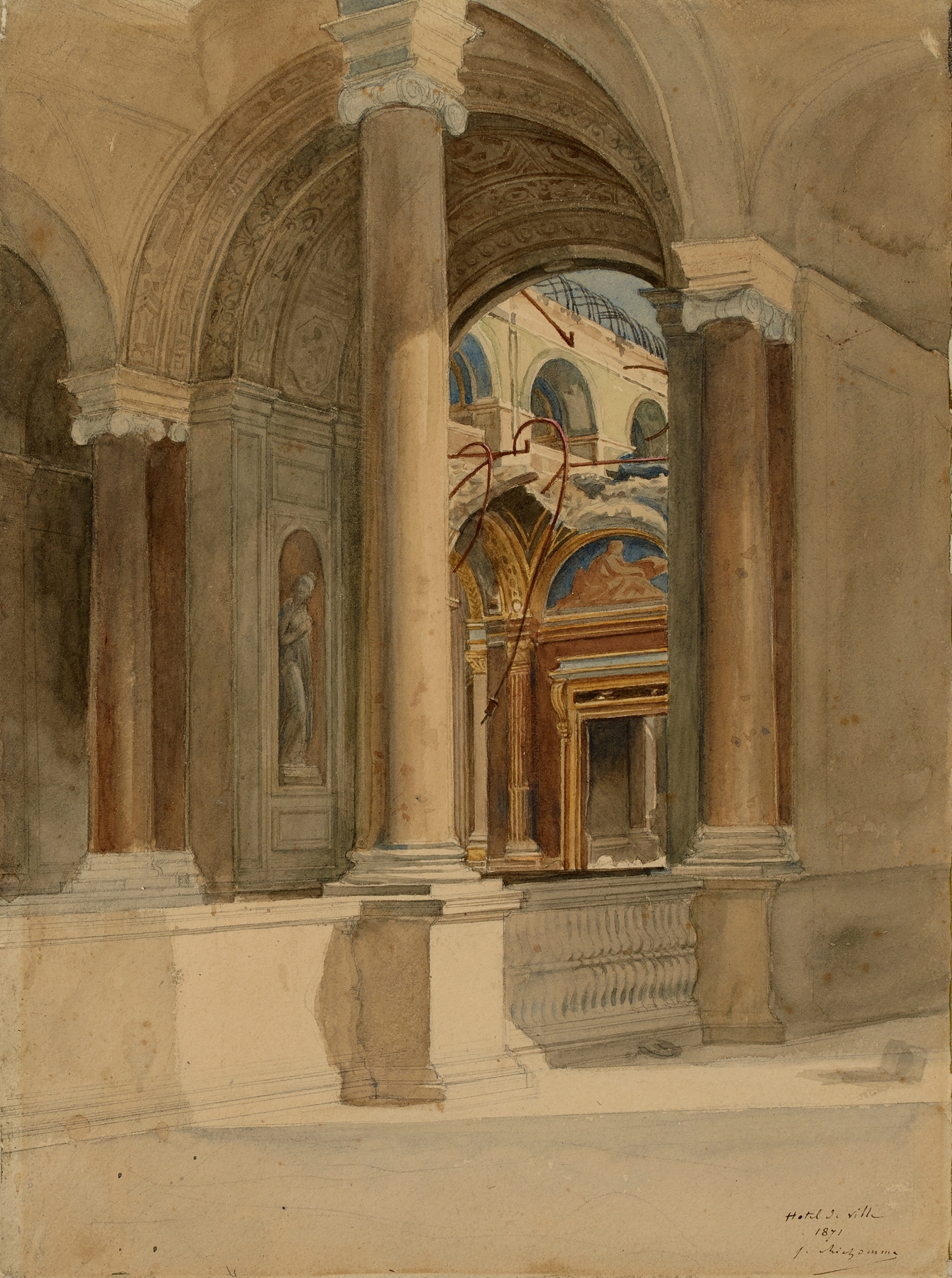 L’Hôtel de Ville après l’incendie 1871 by Jules Richomme, oil on canvas depicting ruins and smoke.